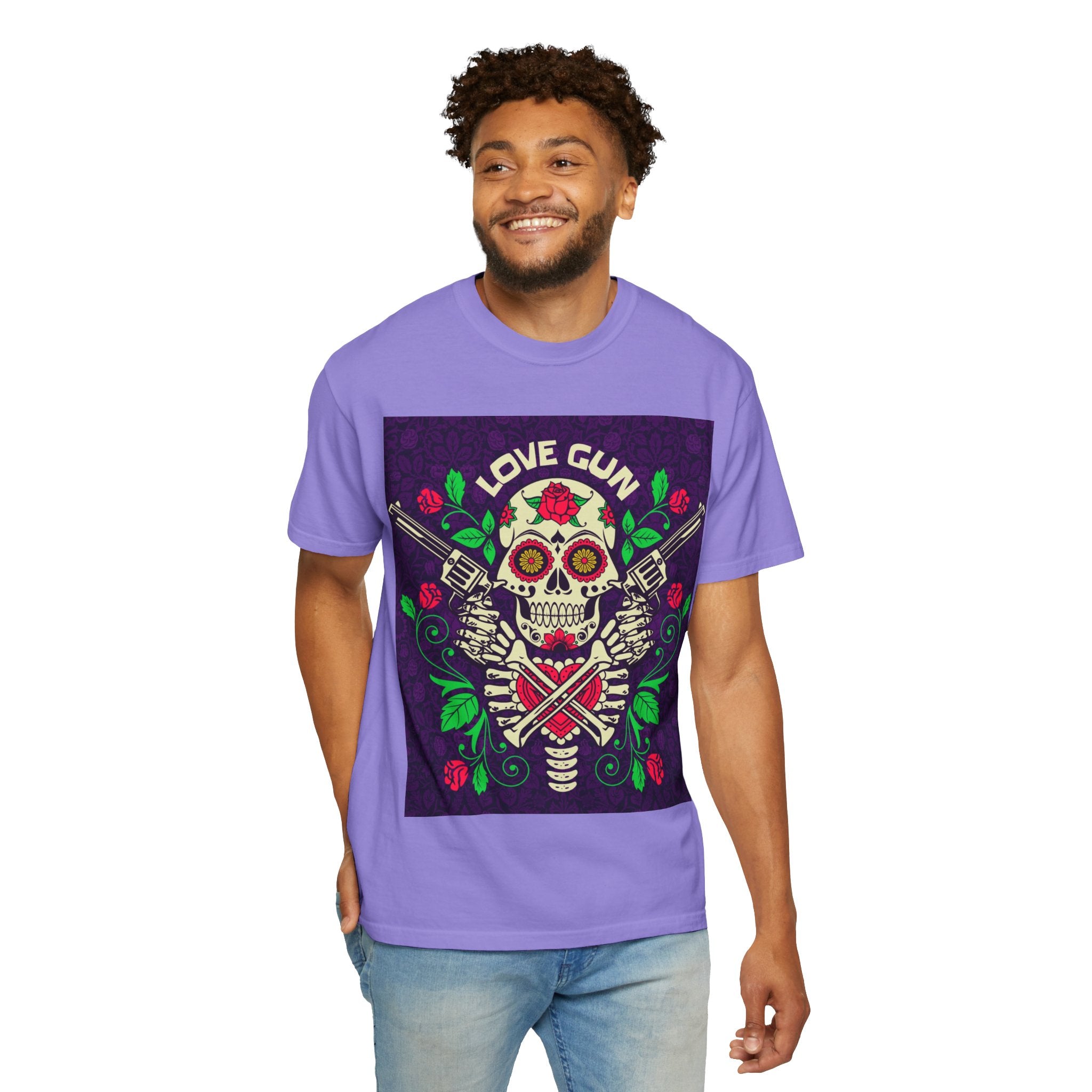 Love Gun Skull T‑Shirt — Day of the Dead Floral Graphic Tee