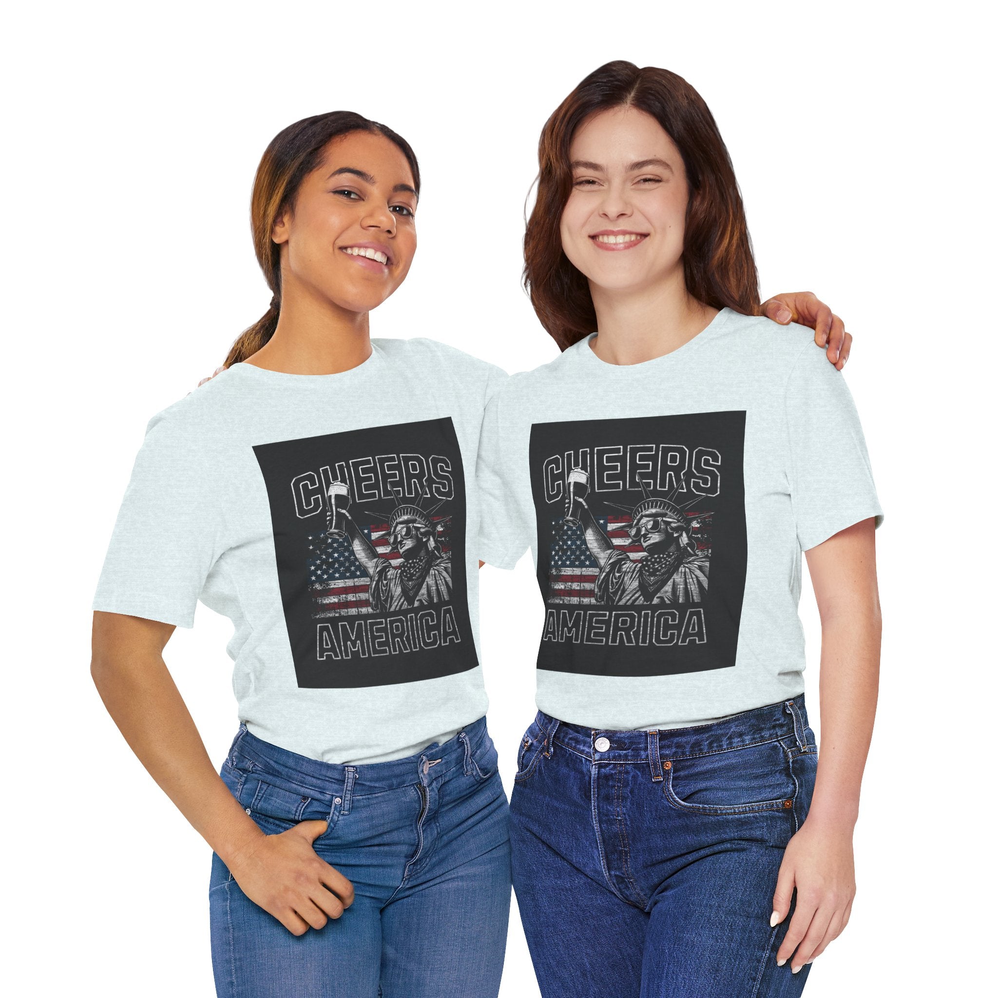 Cheers America T-Shirt — Statue of Liberty Holding Beer & Flag Patriotic Tee