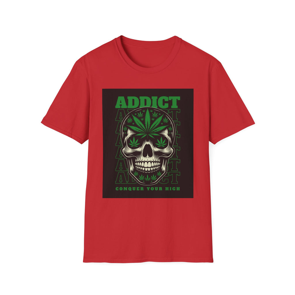 T‑Shirt — "Addict" Skull with Cannabis Leaf Graphic
