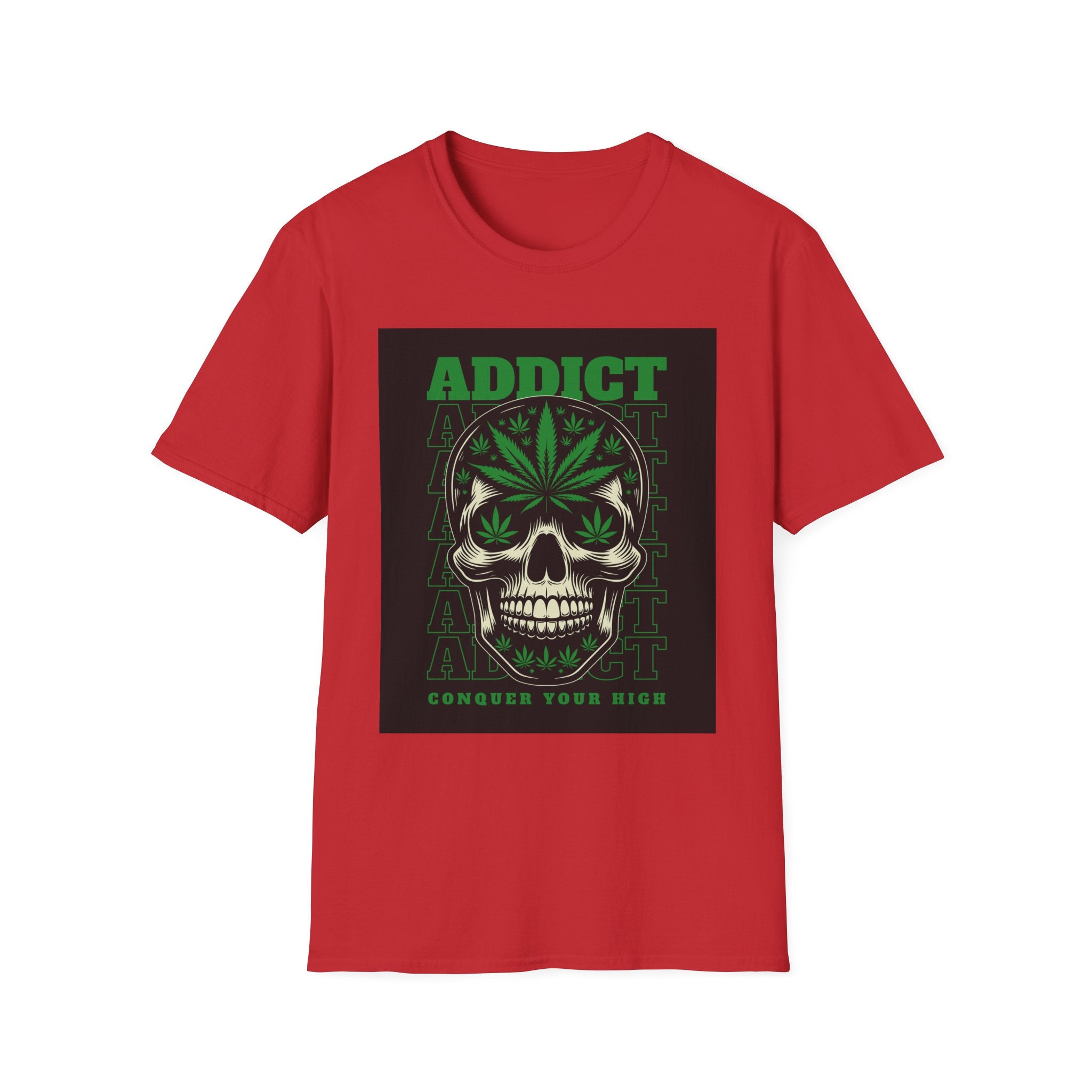 T‑Shirt — "Addict" Skull with Cannabis Leaf Graphic
