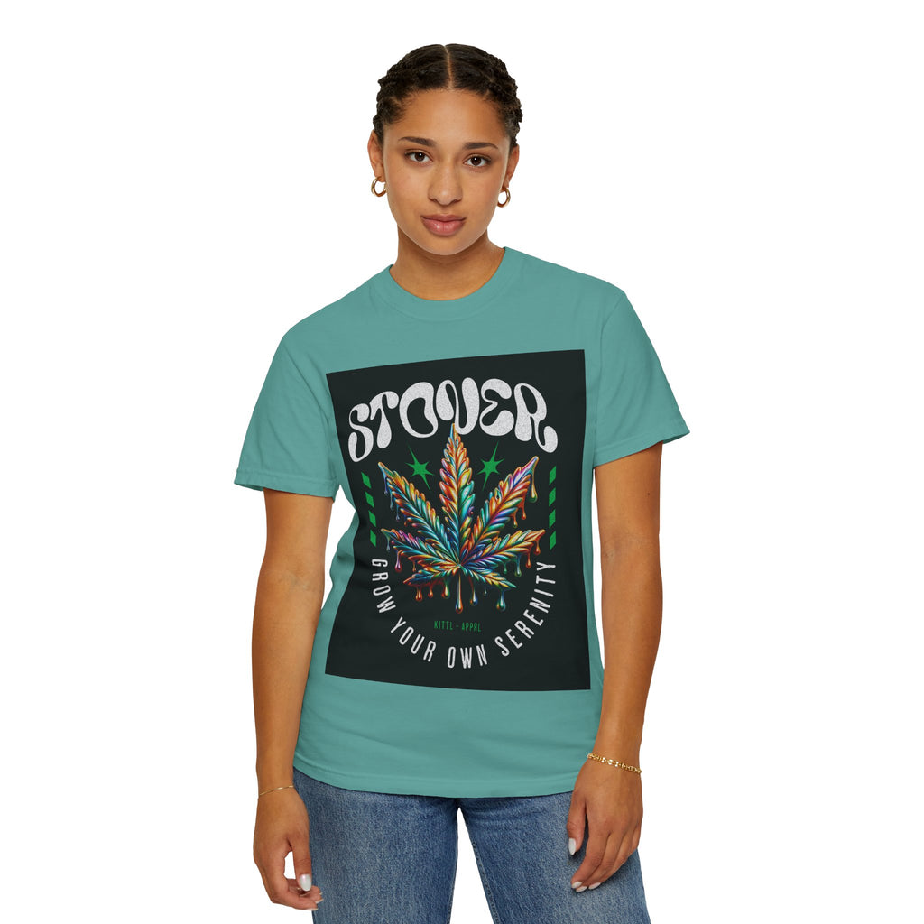 T-Shirt — Stover "Grow Your Own Serenity" Colorful Cannabis Leaf Graphic