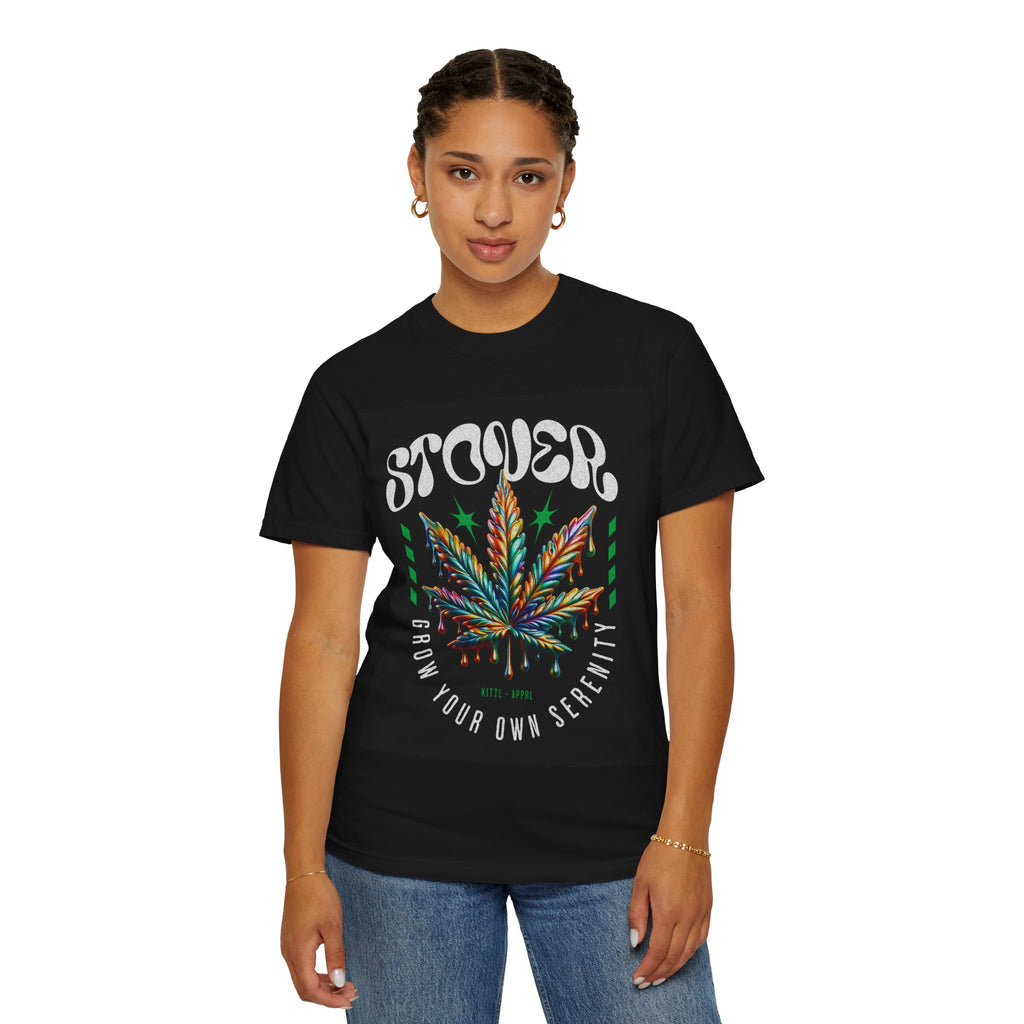 T-Shirt — Stover "Grow Your Own Serenity" Colorful Cannabis Leaf Graphic