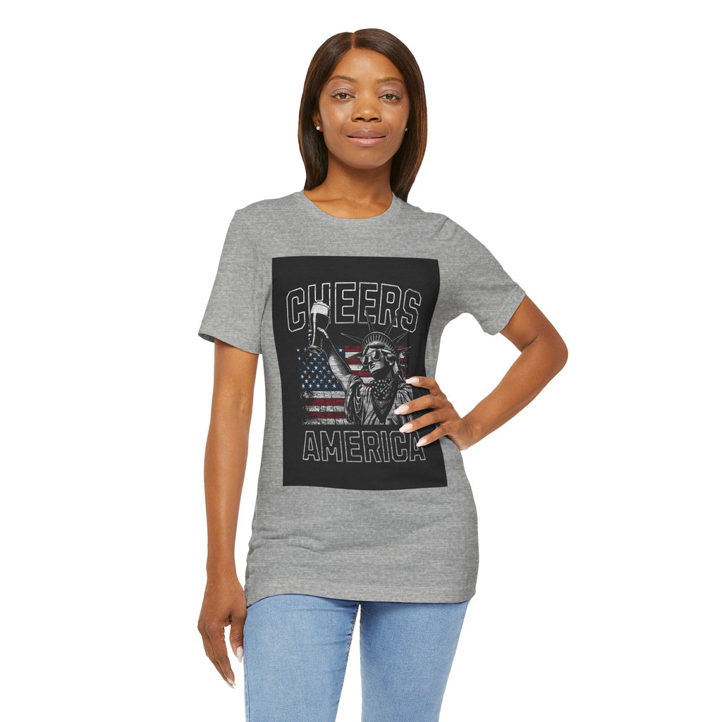 Cheers America T-Shirt — Statue of Liberty Holding Beer & Flag Patriotic Tee