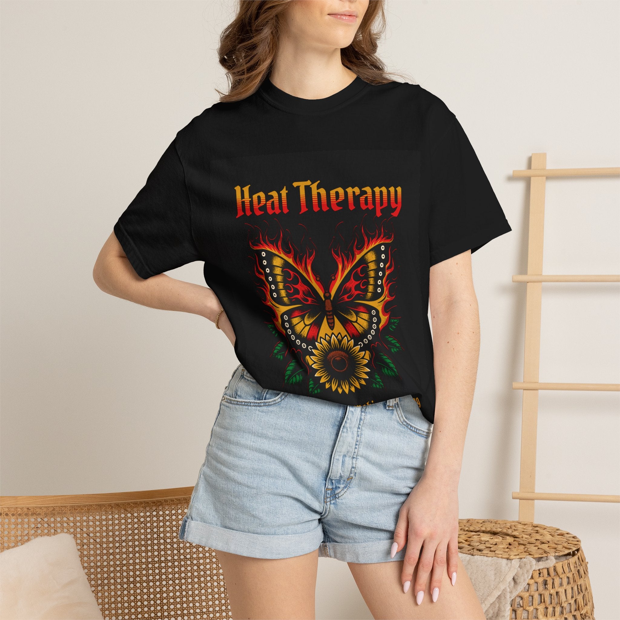 Heat Therapy Butterfly T-Shirt — Retro Floral Sunflower Design