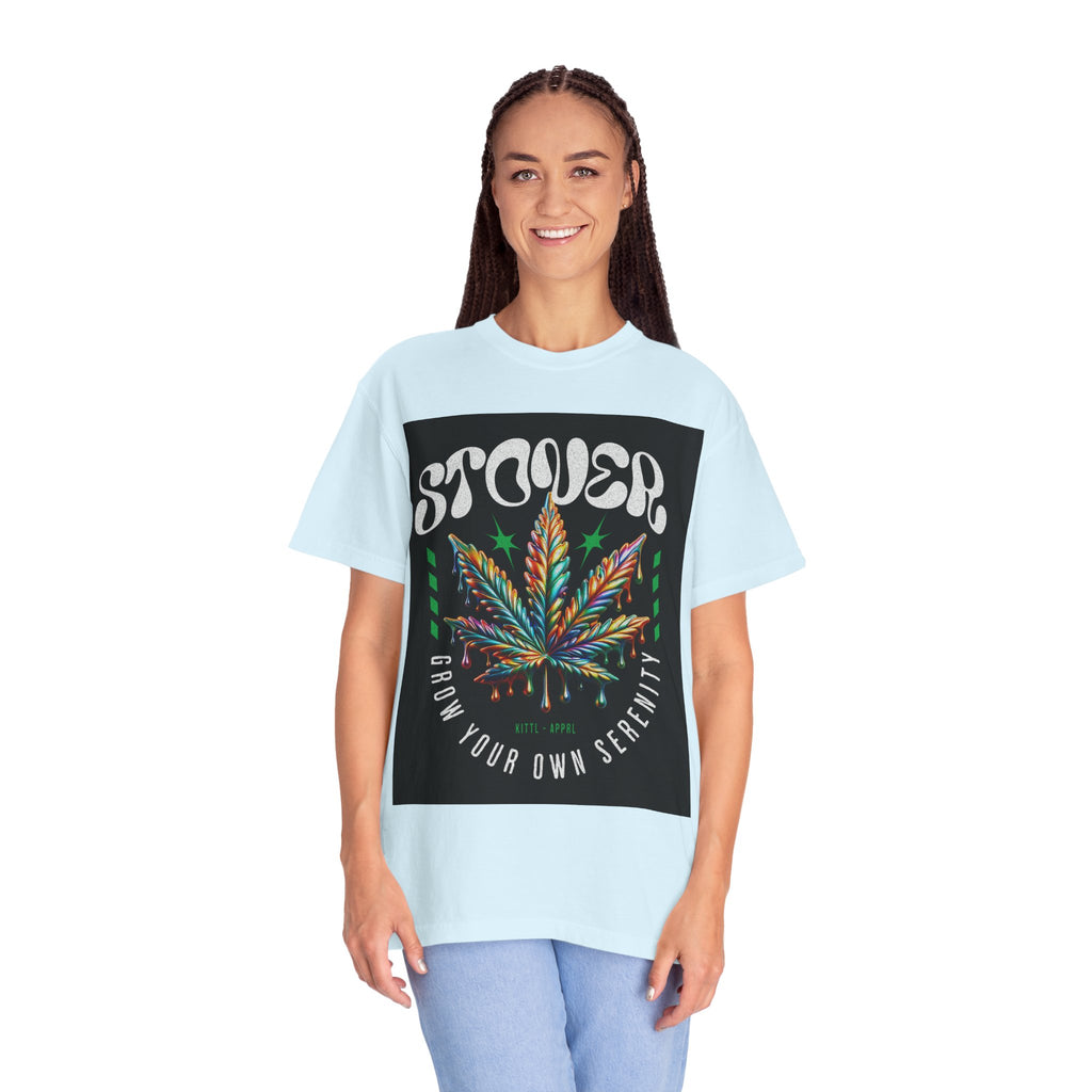 T-Shirt — Stover "Grow Your Own Serenity" Colorful Cannabis Leaf Graphic