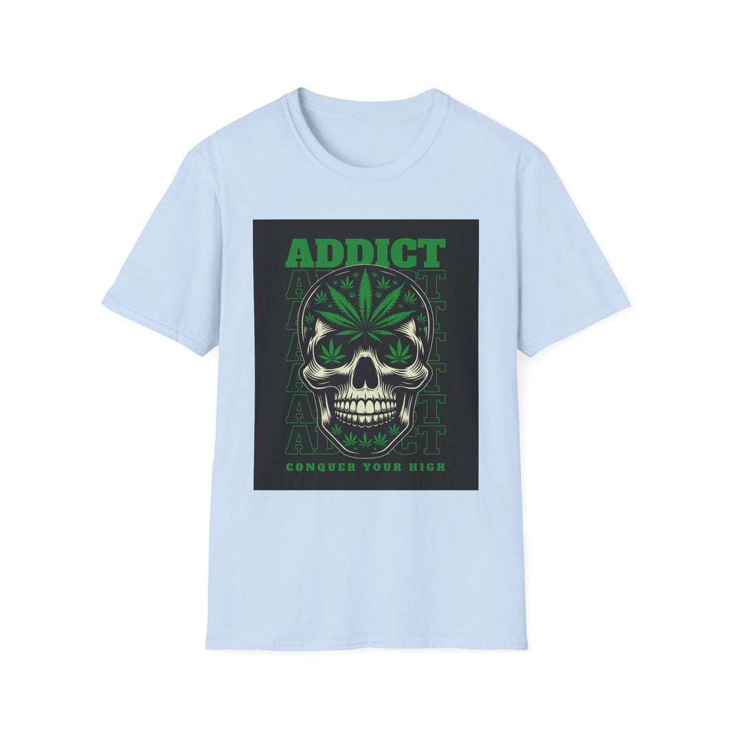 T‑Shirt — "Addict" Skull with Cannabis Leaf Graphic