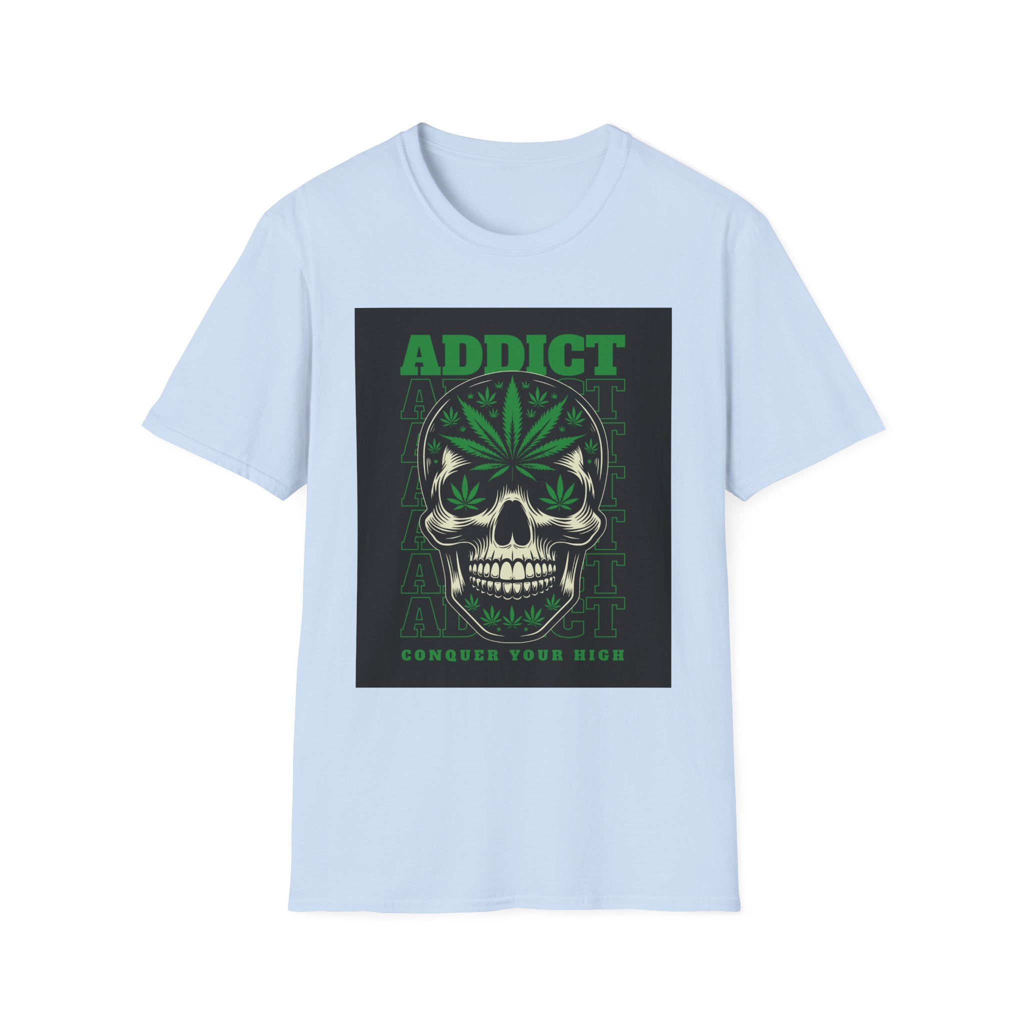T‑Shirt — "Addict" Skull with Cannabis Leaf Graphic