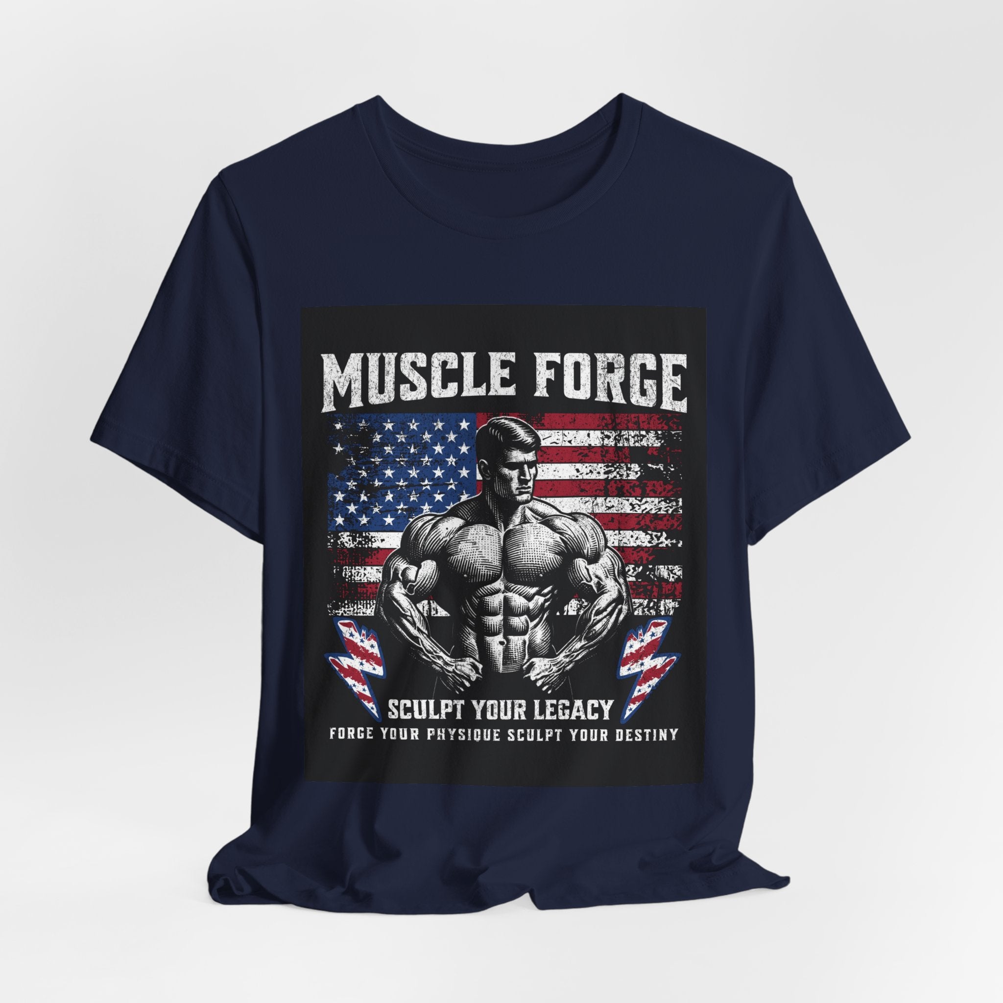 Muscle Forge American Flag Gym Tee — "Sculpt Your Legacy" Fitness T-Shirt