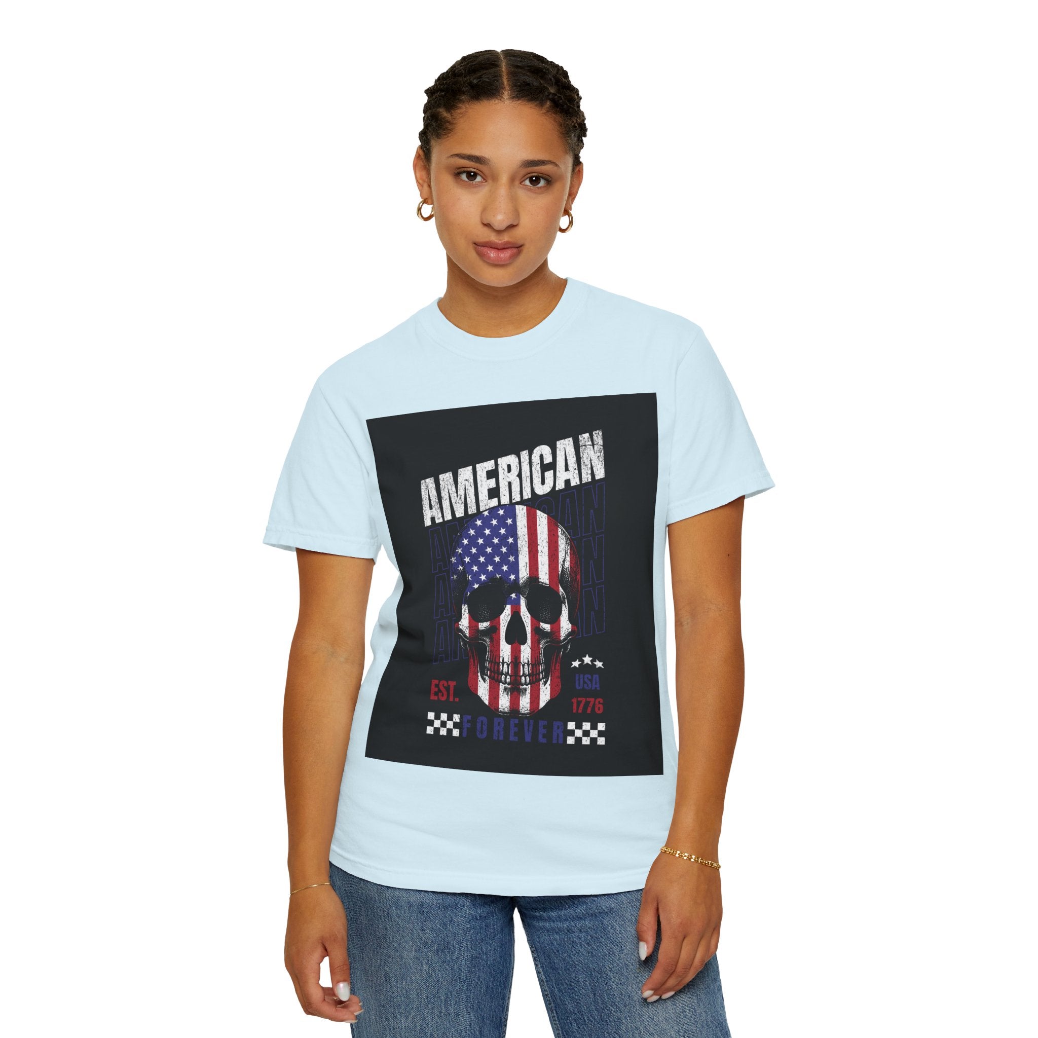 American Skull Flag T-Shirt — "American Forever" Patriotic Graphic Tee