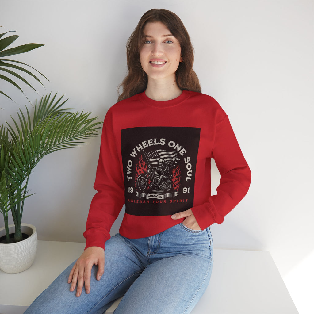 Motorcycle Crewneck Sweatshirt - "Two Wheels One Soul" Vintage Bike Graphic