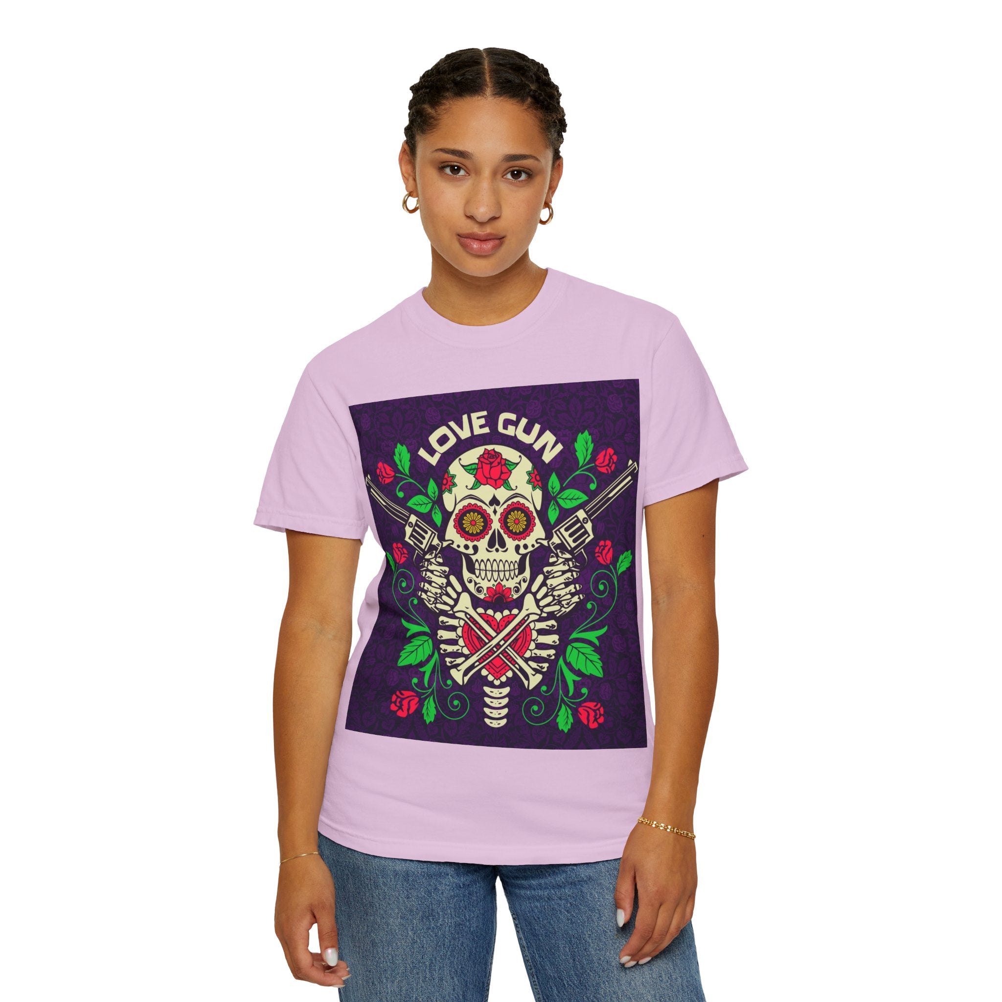 Love Gun Skull T‑Shirt — Day of the Dead Floral Graphic Tee