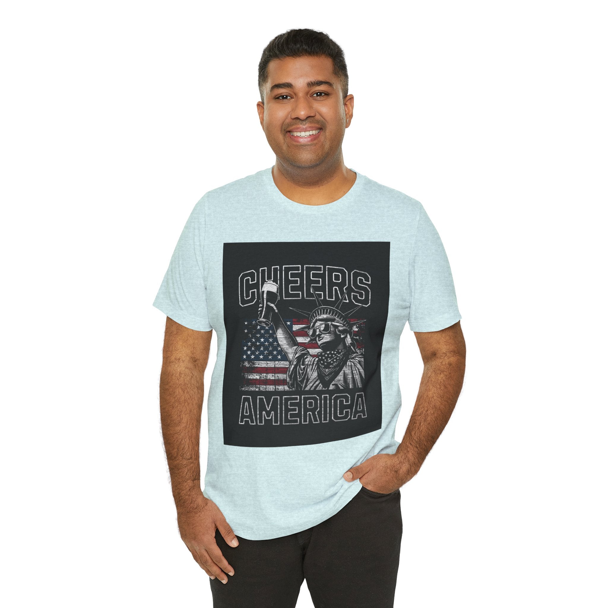 Cheers America T-Shirt — Statue of Liberty Holding Beer & Flag Patriotic Tee