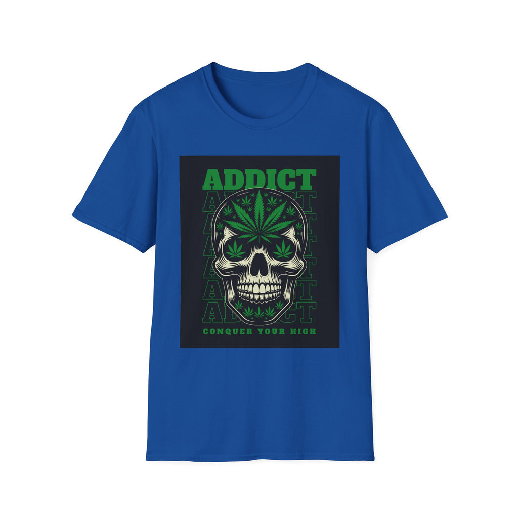 T‑Shirt — "Addict" Skull with Cannabis Leaf Graphic