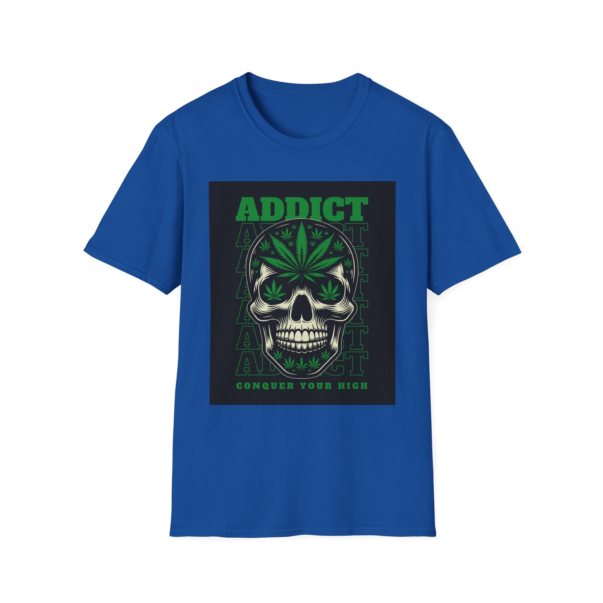 T‑Shirt — "Addict" Skull with Cannabis Leaf Graphic