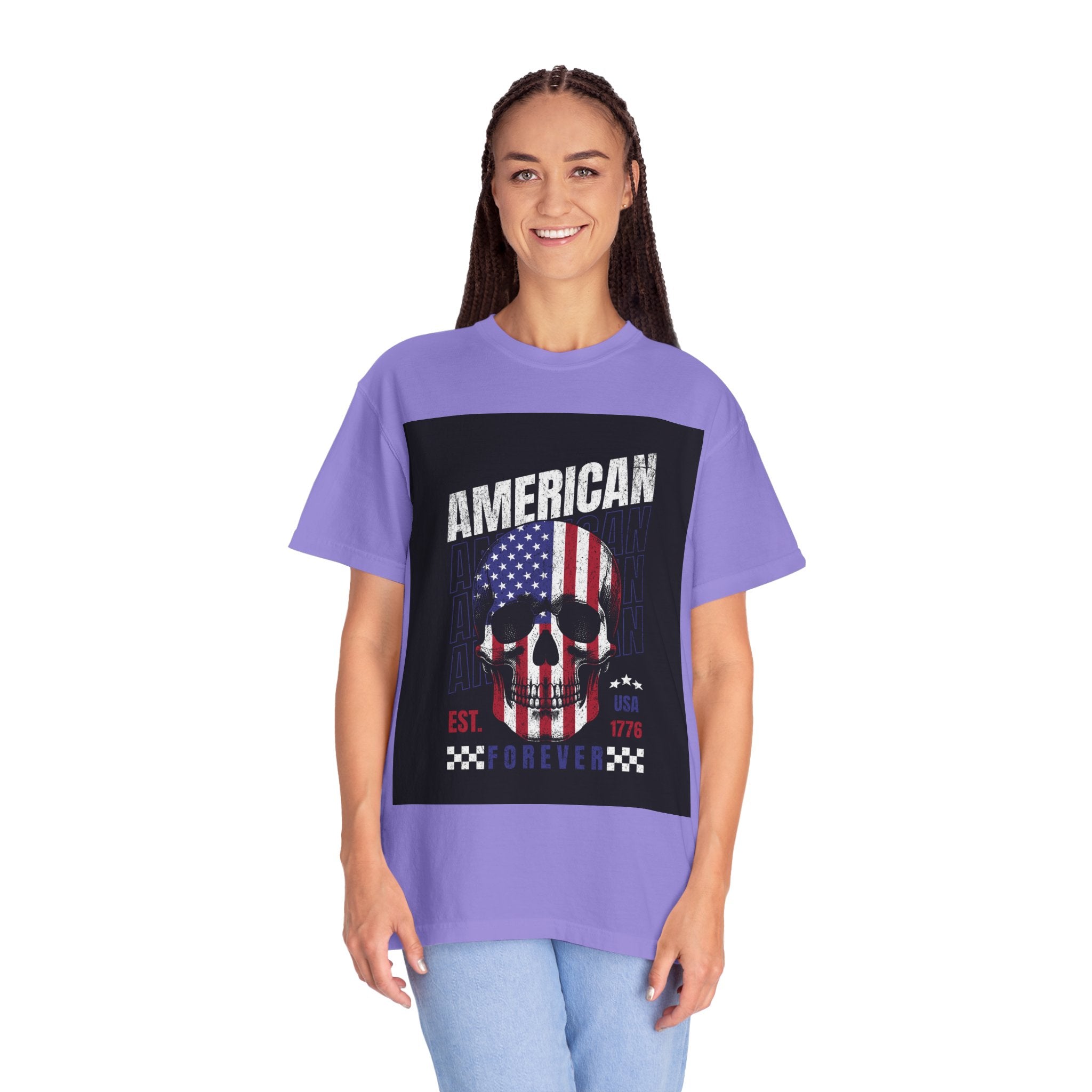 American Skull Flag T-Shirt — "American Forever" Patriotic Graphic Tee