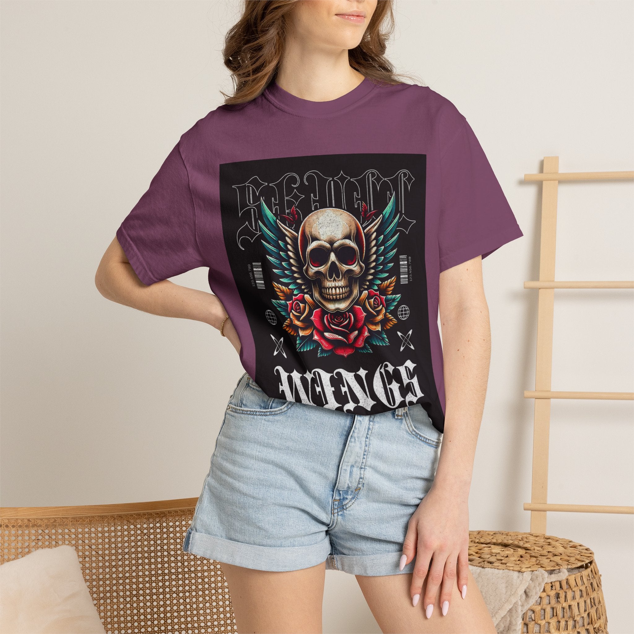 Skull Wings Graphic T-Shirt — Vintage Rock Tattoo Style with Roses