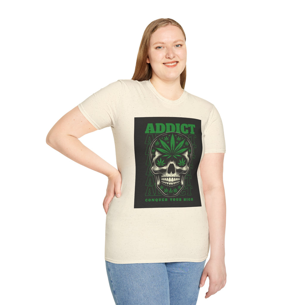 T‑Shirt — "Addict" Skull with Cannabis Leaf Graphic