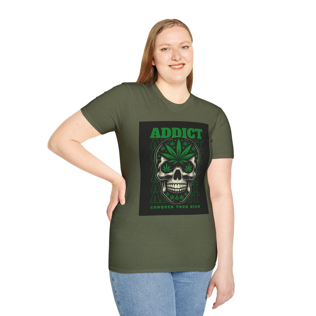 T‑Shirt — "Addict" Skull with Cannabis Leaf Graphic