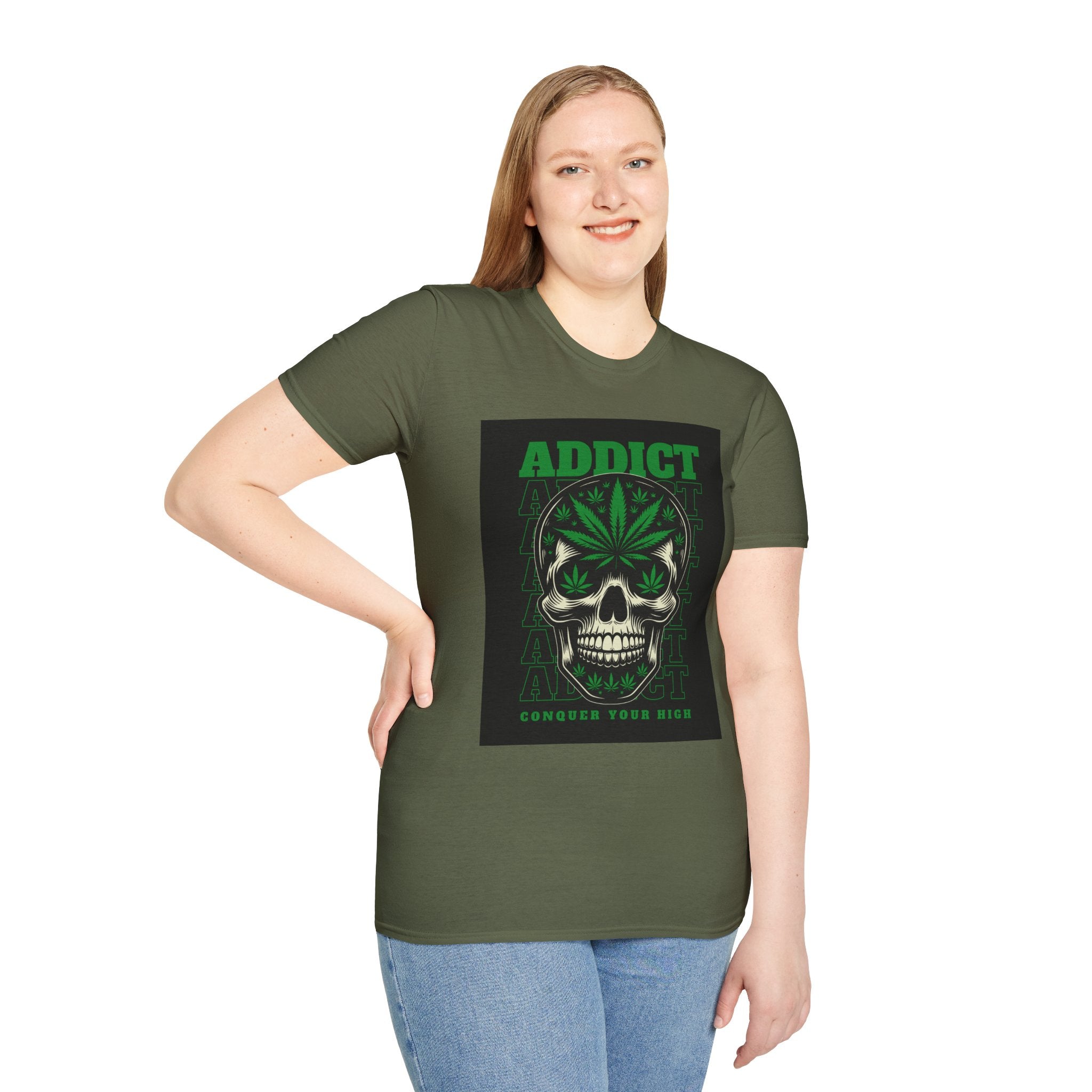 T‑Shirt — "Addict" Skull with Cannabis Leaf Graphic