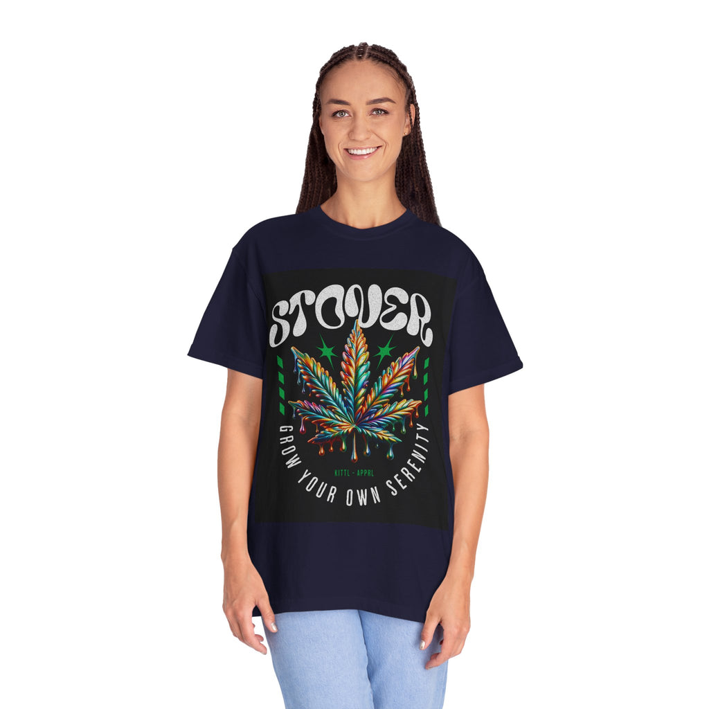 T-Shirt — Stover "Grow Your Own Serenity" Colorful Cannabis Leaf Graphic
