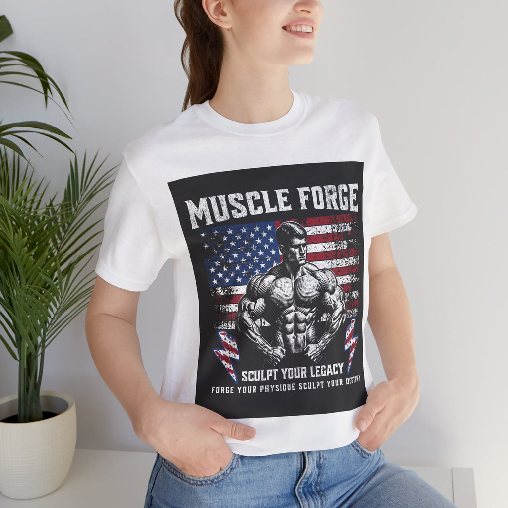 Muscle Forge American Flag Gym Tee — "Sculpt Your Legacy" Fitness T-Shirt