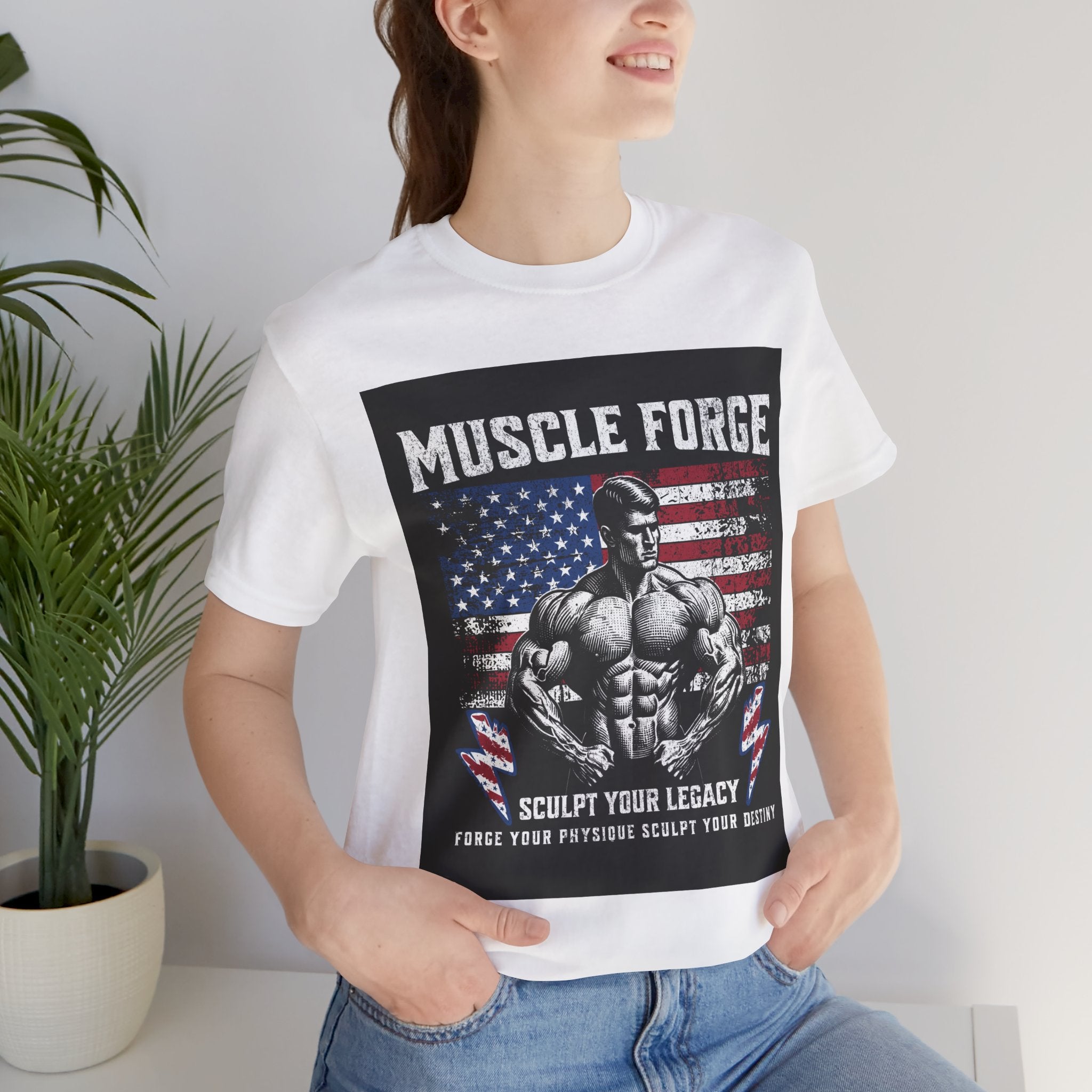 Muscle Forge American Flag Gym Tee — "Sculpt Your Legacy" Fitness T-Shirt