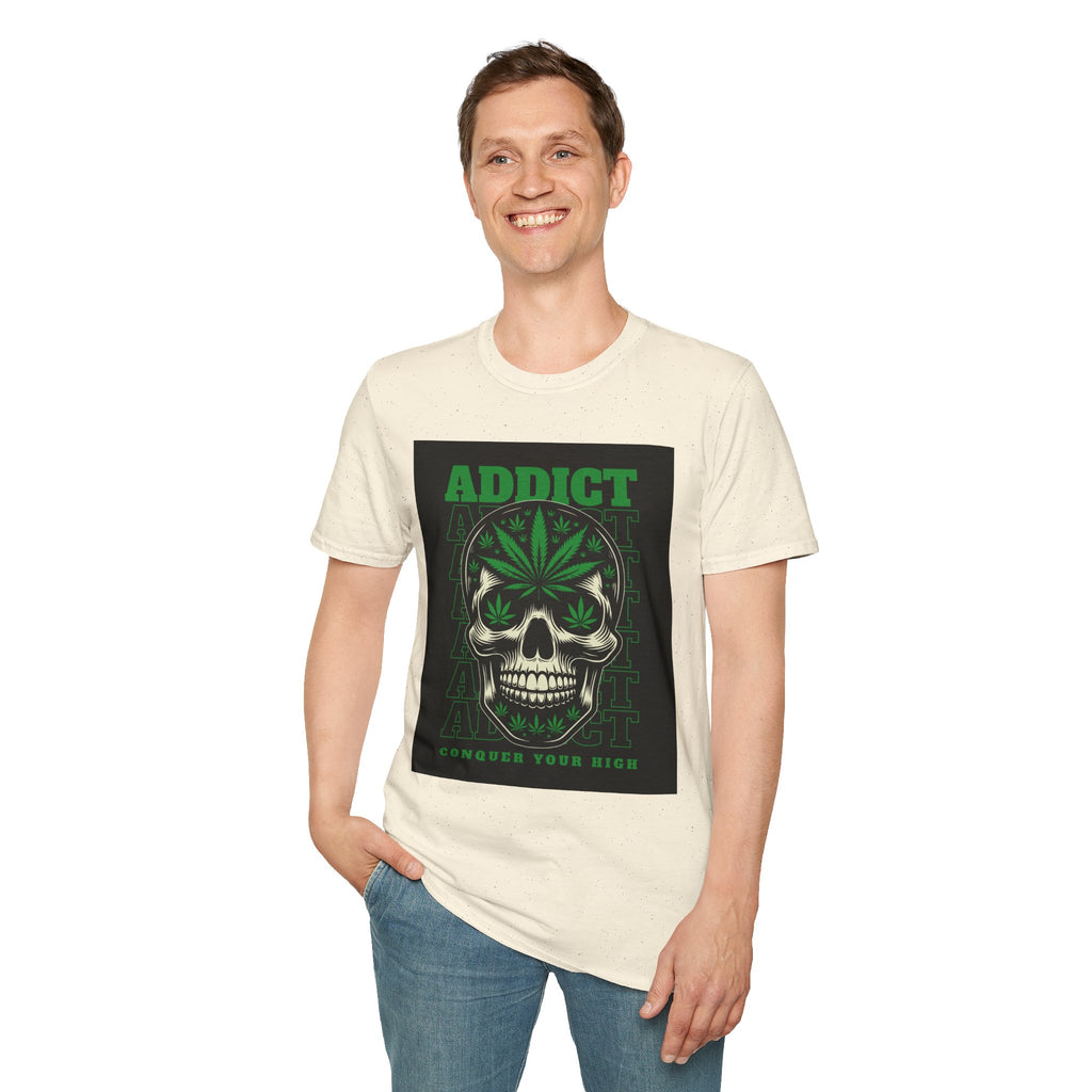 T‑Shirt — "Addict" Skull with Cannabis Leaf Graphic