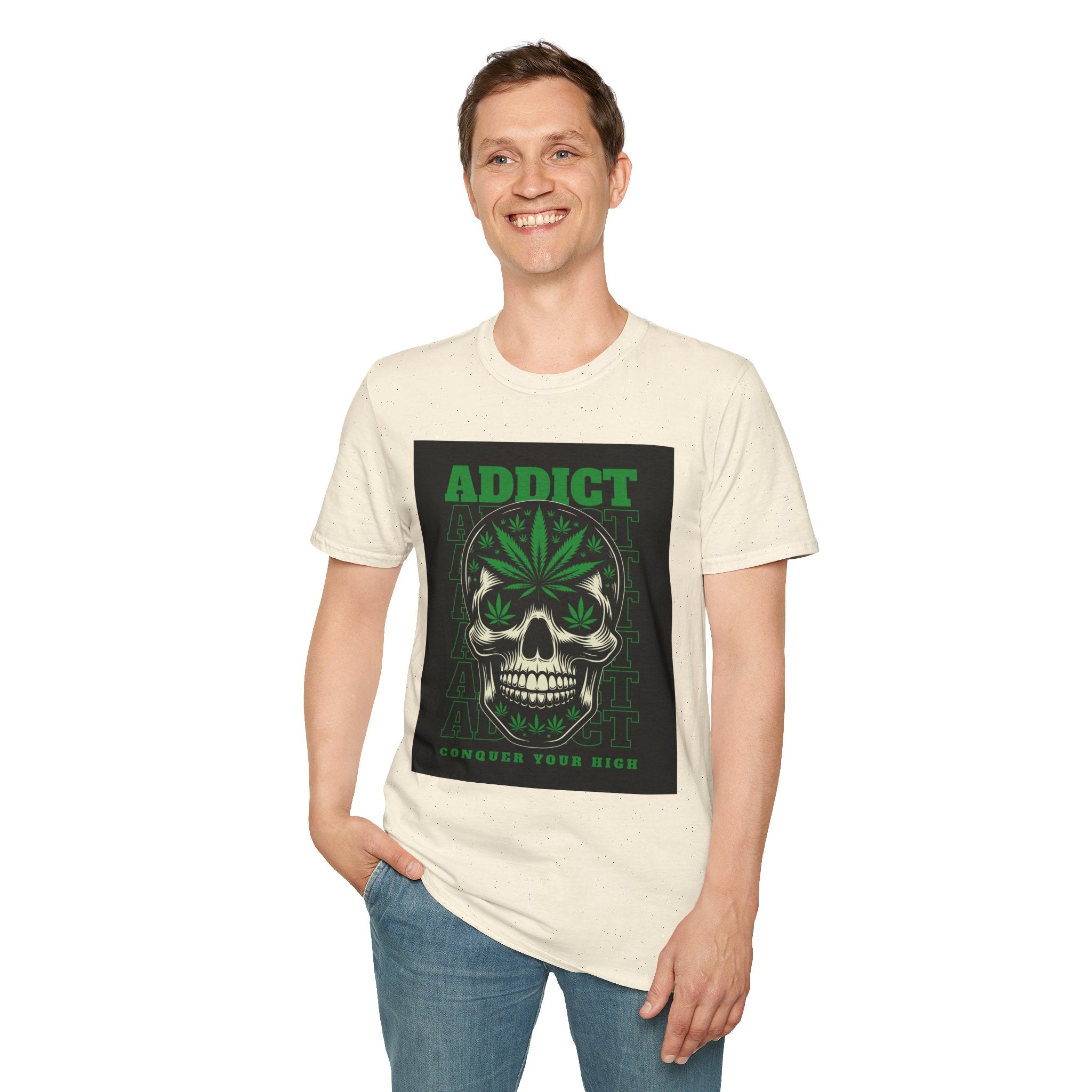 T‑Shirt — "Addict" Skull with Cannabis Leaf Graphic