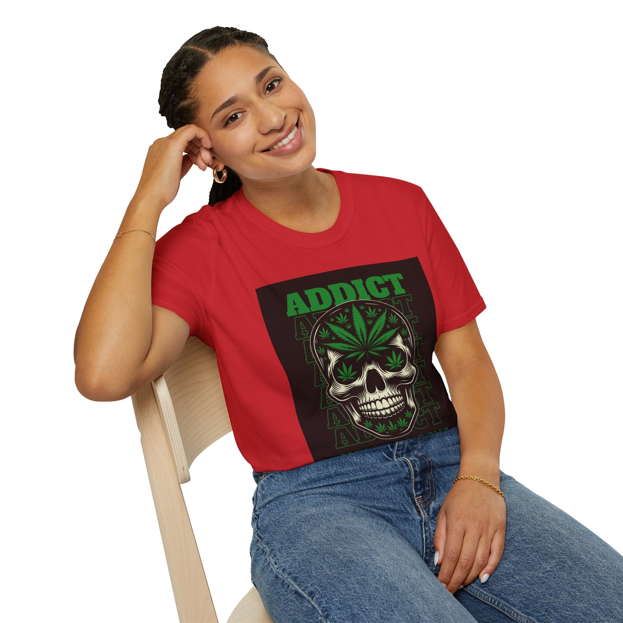 T‑Shirt — "Addict" Skull with Cannabis Leaf Graphic