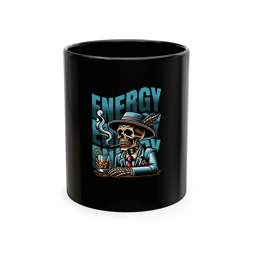 Skull 'Energy' Ceramic Coffee Mug — Retro Skeleton with Drink Design