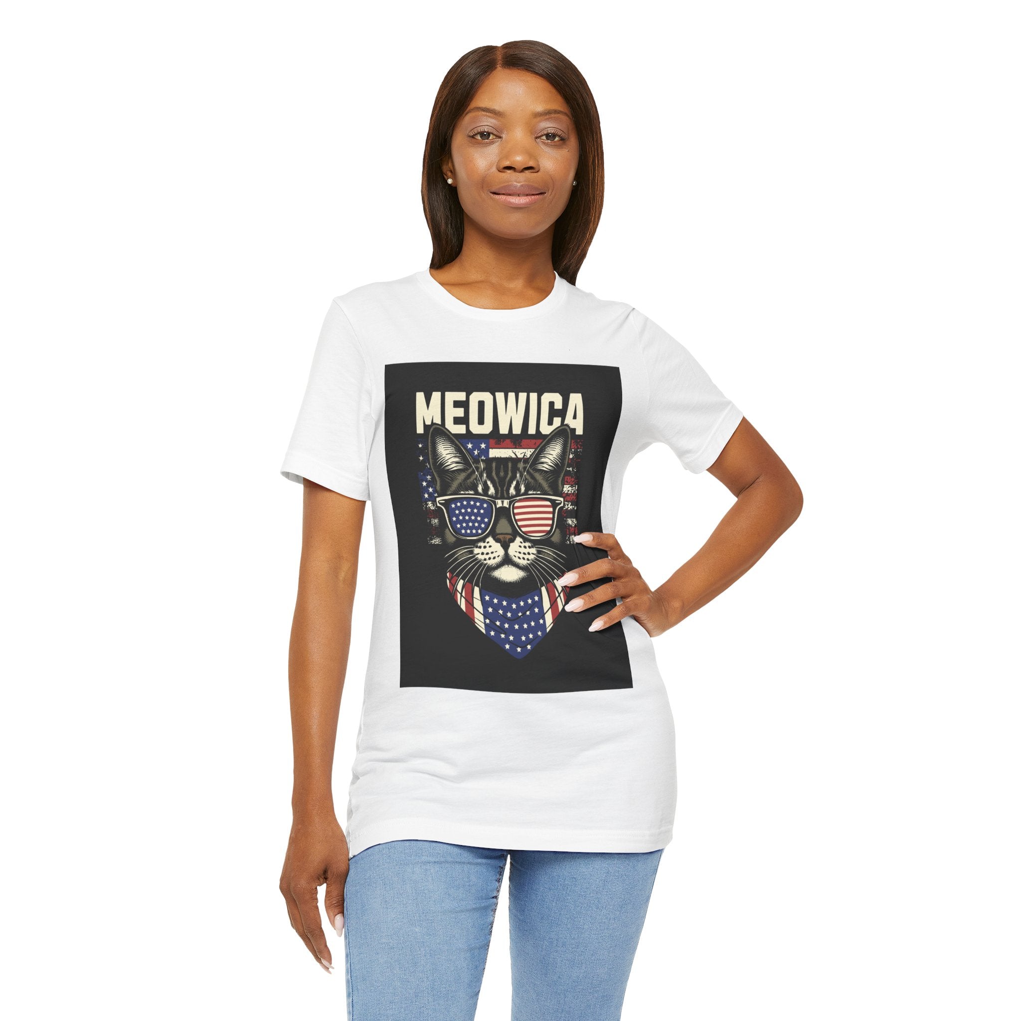 Meowica Cat Tee — Patriotic USA Flag Sunglasses Graphic T-Shirt