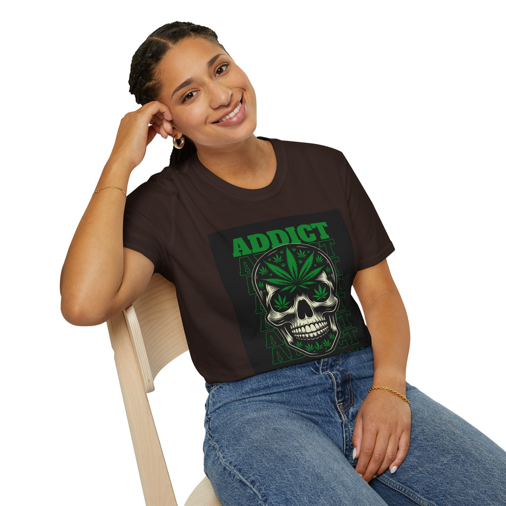 T‑Shirt — "Addict" Skull with Cannabis Leaf Graphic