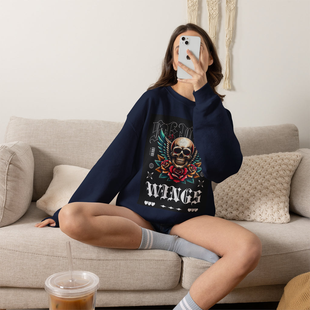 Skull Wings Crewneck Sweatshirt — Vintage Tattoo Skull with Rose Graphic