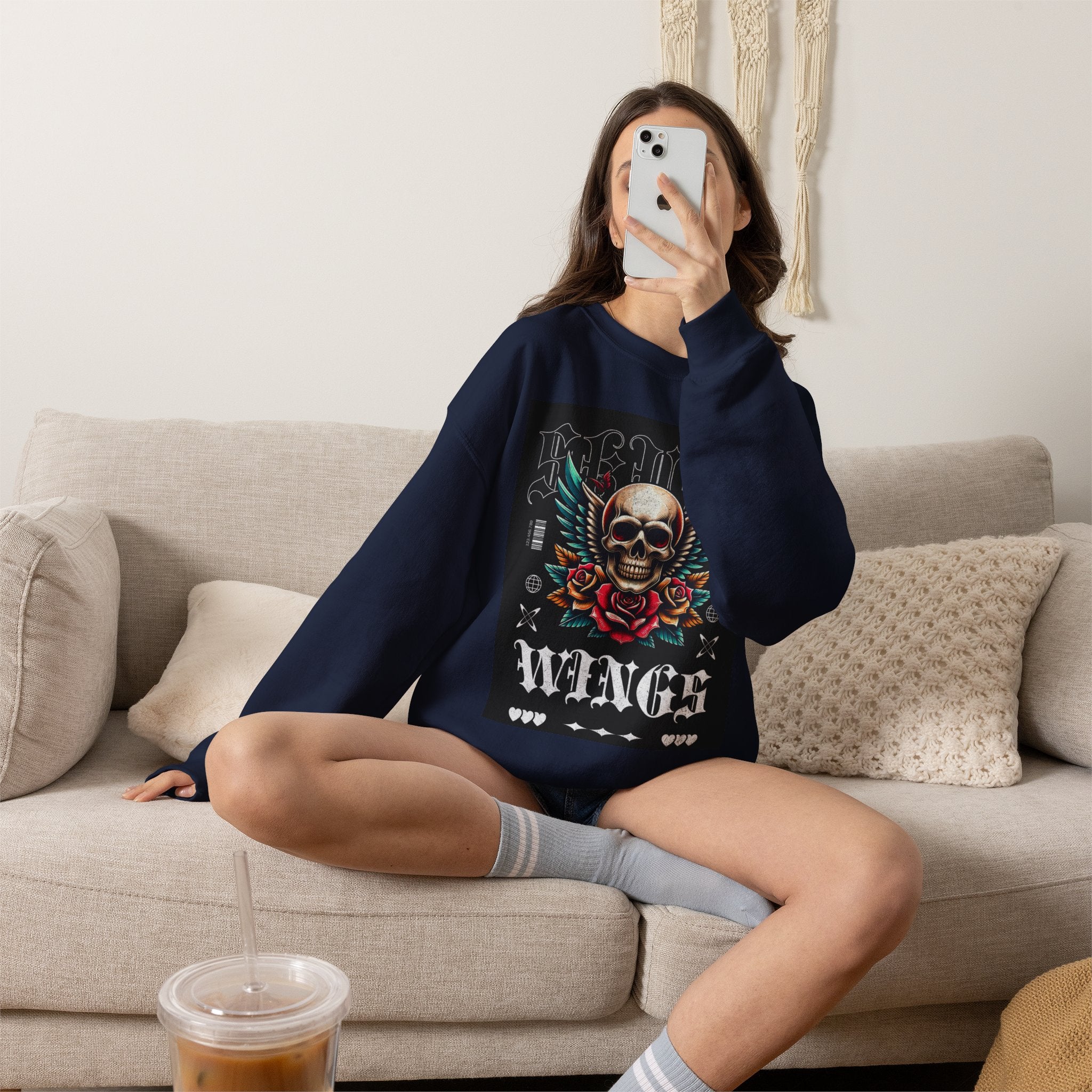 Skull Wings Crewneck Sweatshirt — Vintage Tattoo Skull with Rose Graphic