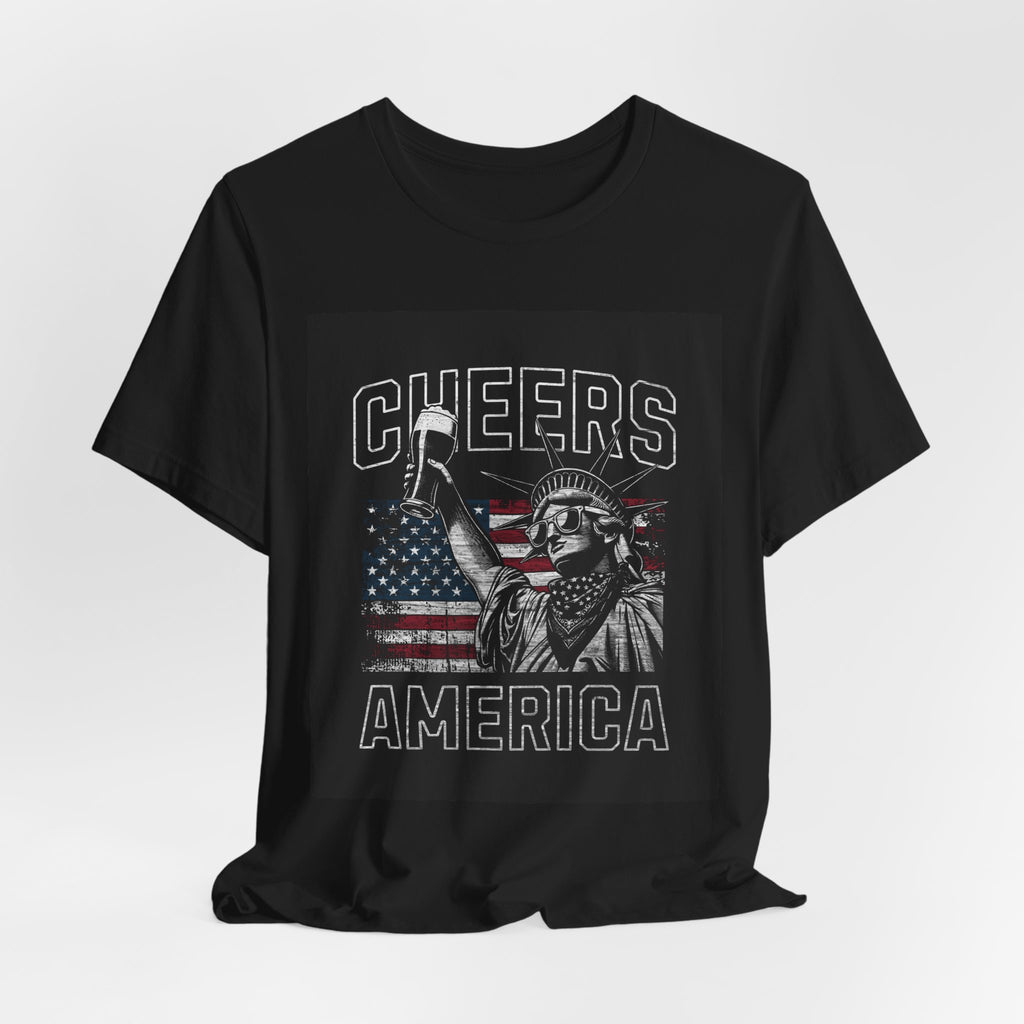 Cheers America T-Shirt — Statue of Liberty Holding Beer & Flag Patriotic Tee