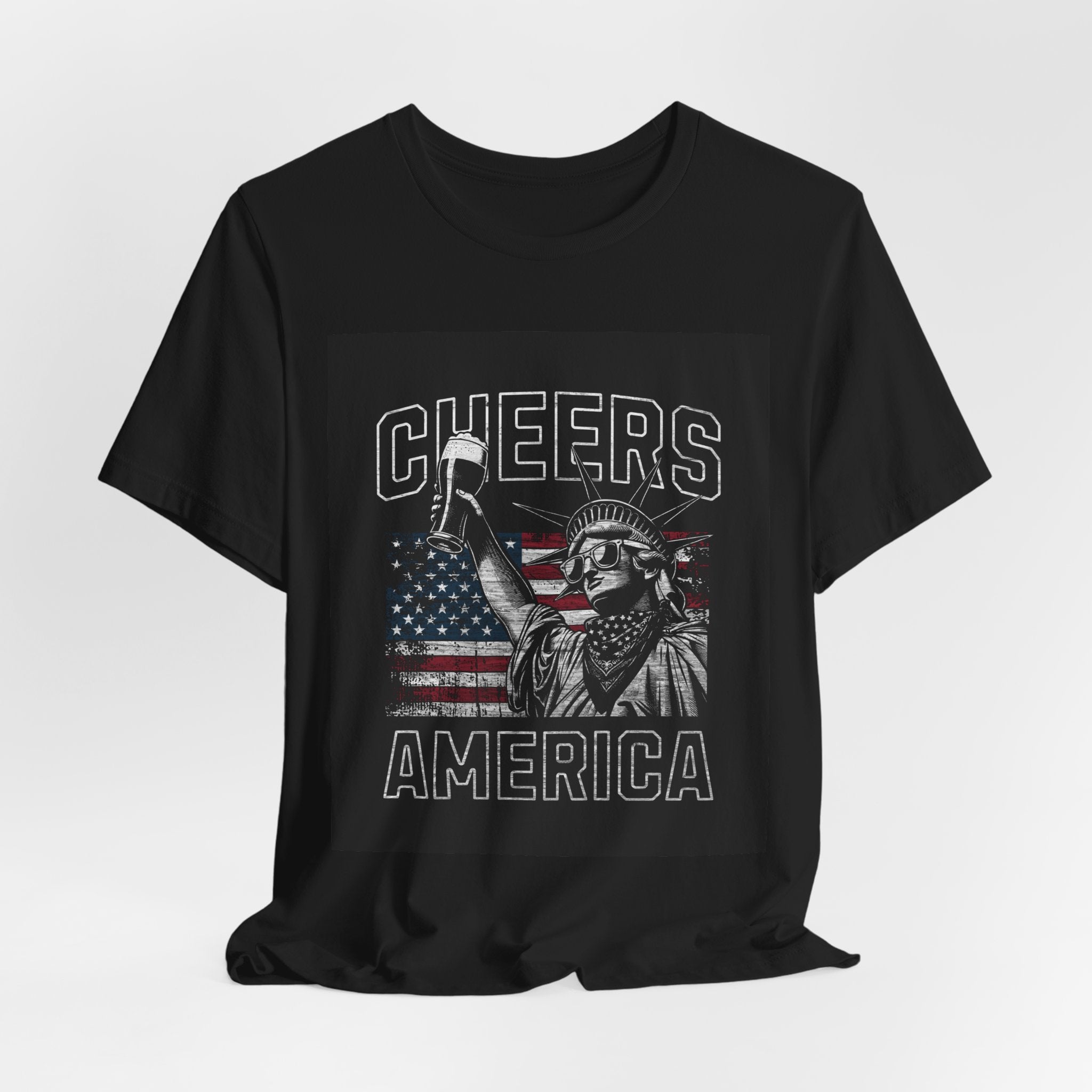 Cheers America T-Shirt — Statue of Liberty Holding Beer & Flag Patriotic Tee