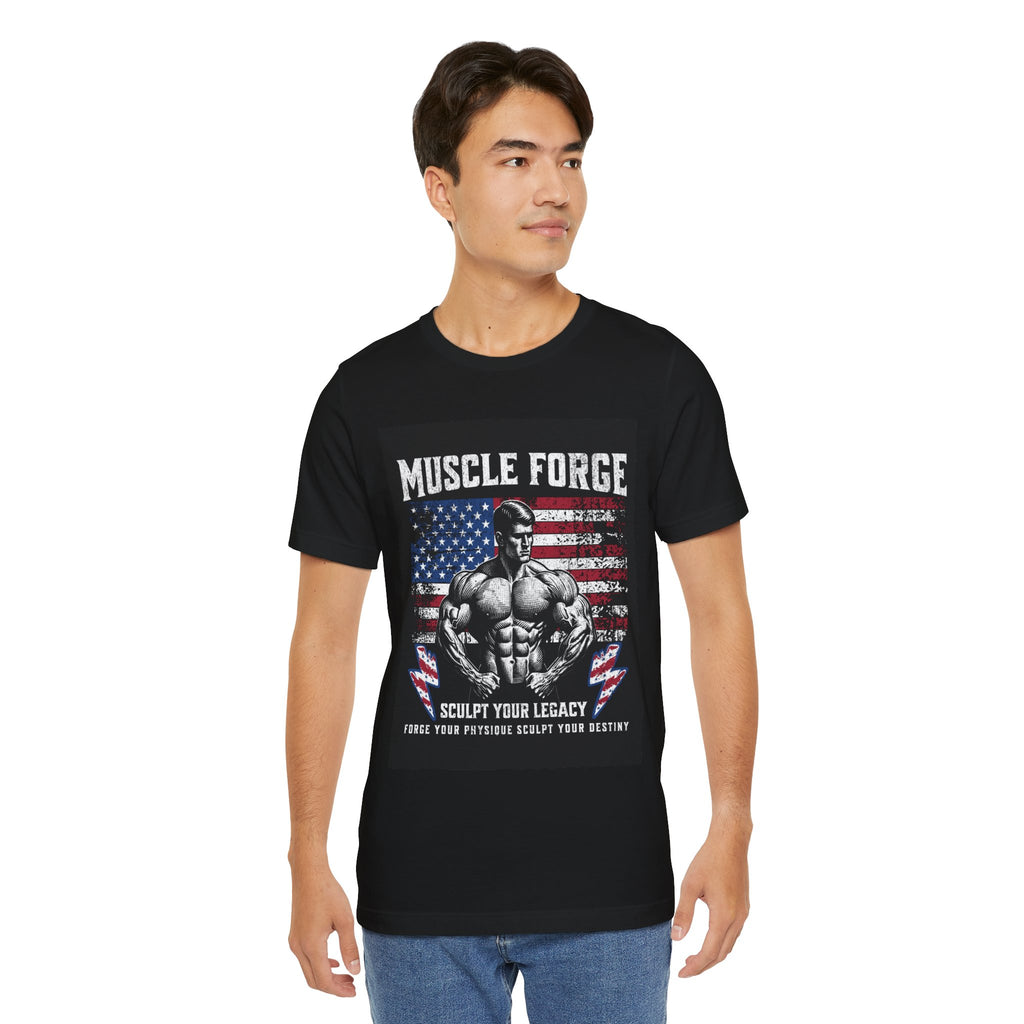 Muscle Forge American Flag Gym Tee — "Sculpt Your Legacy" Fitness T-Shirt