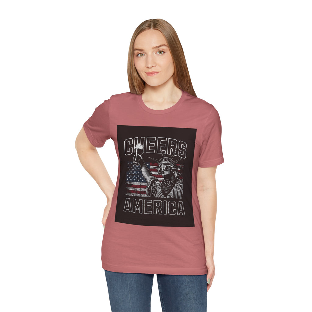 Cheers America T-Shirt — Statue of Liberty Holding Beer & Flag Patriotic Tee