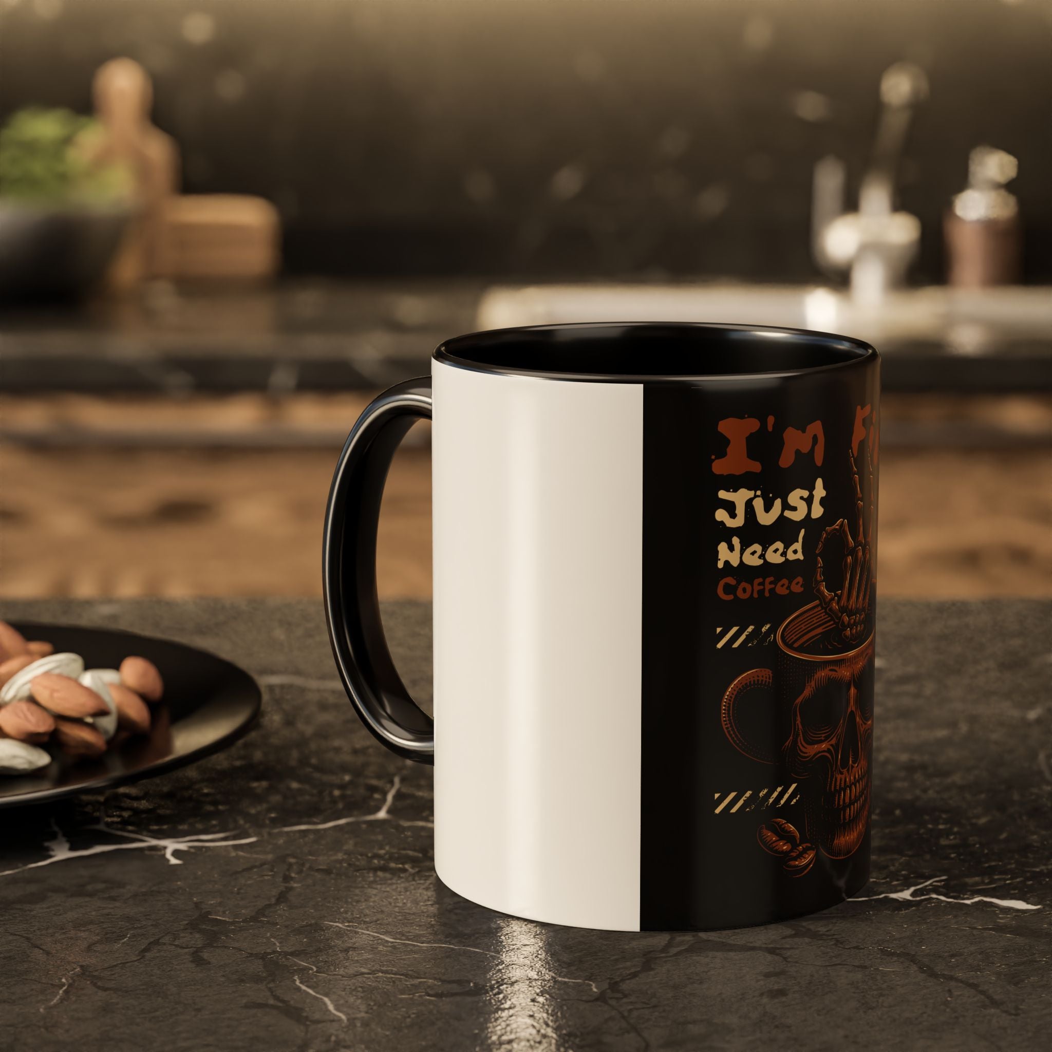 Skull Coffee Mug – "I'm Fine Just Need Coffee" Gothic Ceramic Mug