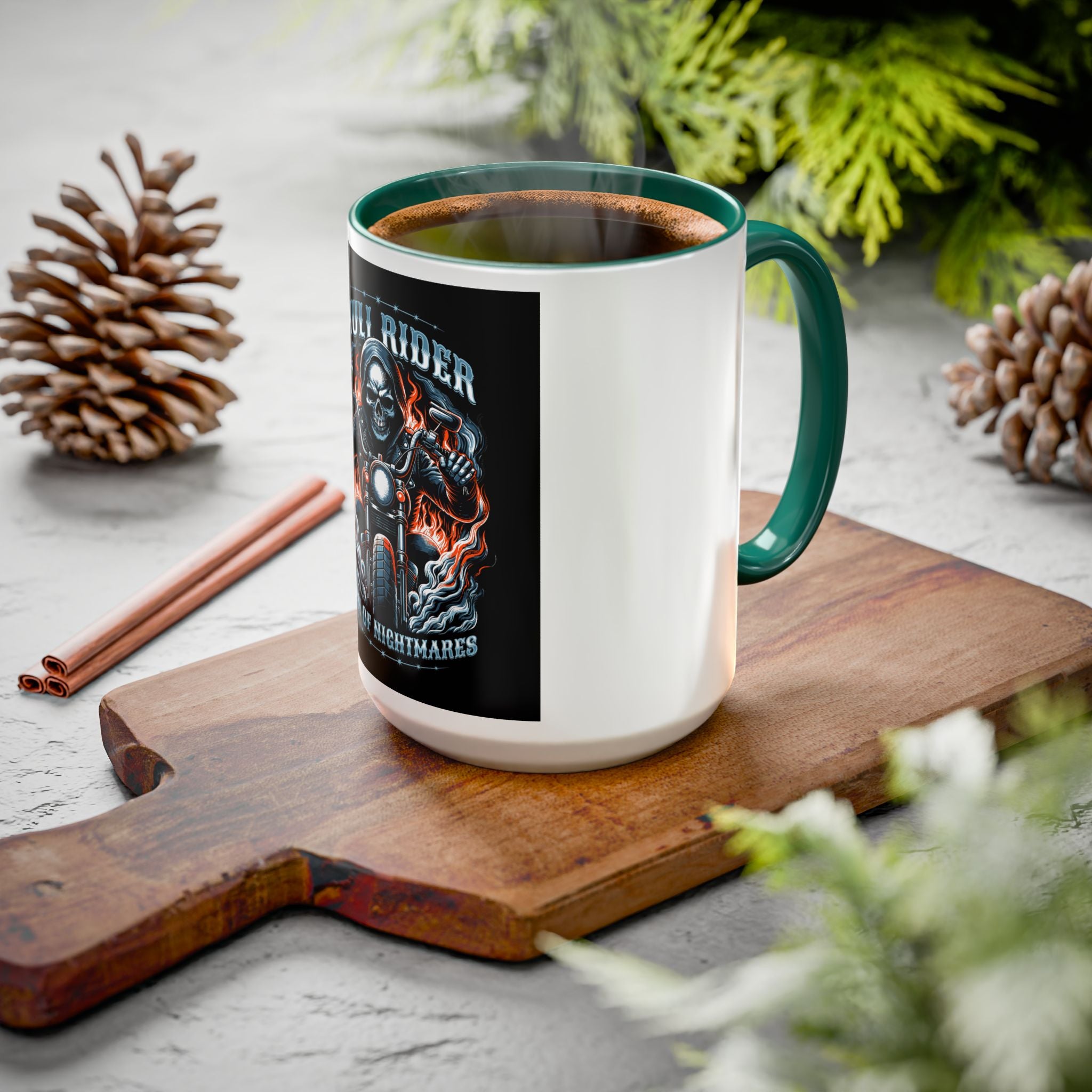 Skull Rider Motorcycle Mug – "Born of Nightmares" Biker Coffee Cup (11oz/15oz)