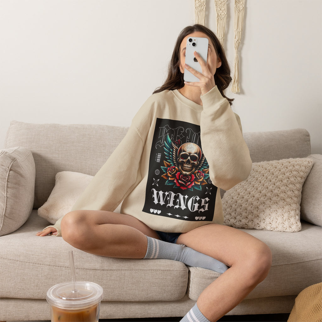 Skull Wings Crewneck Sweatshirt — Vintage Tattoo Skull with Rose Graphic