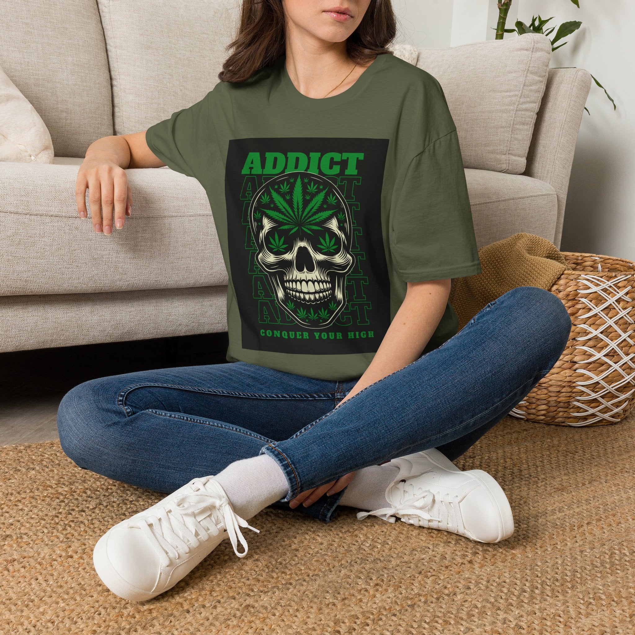 T‑Shirt — "Addict" Skull with Cannabis Leaf Graphic