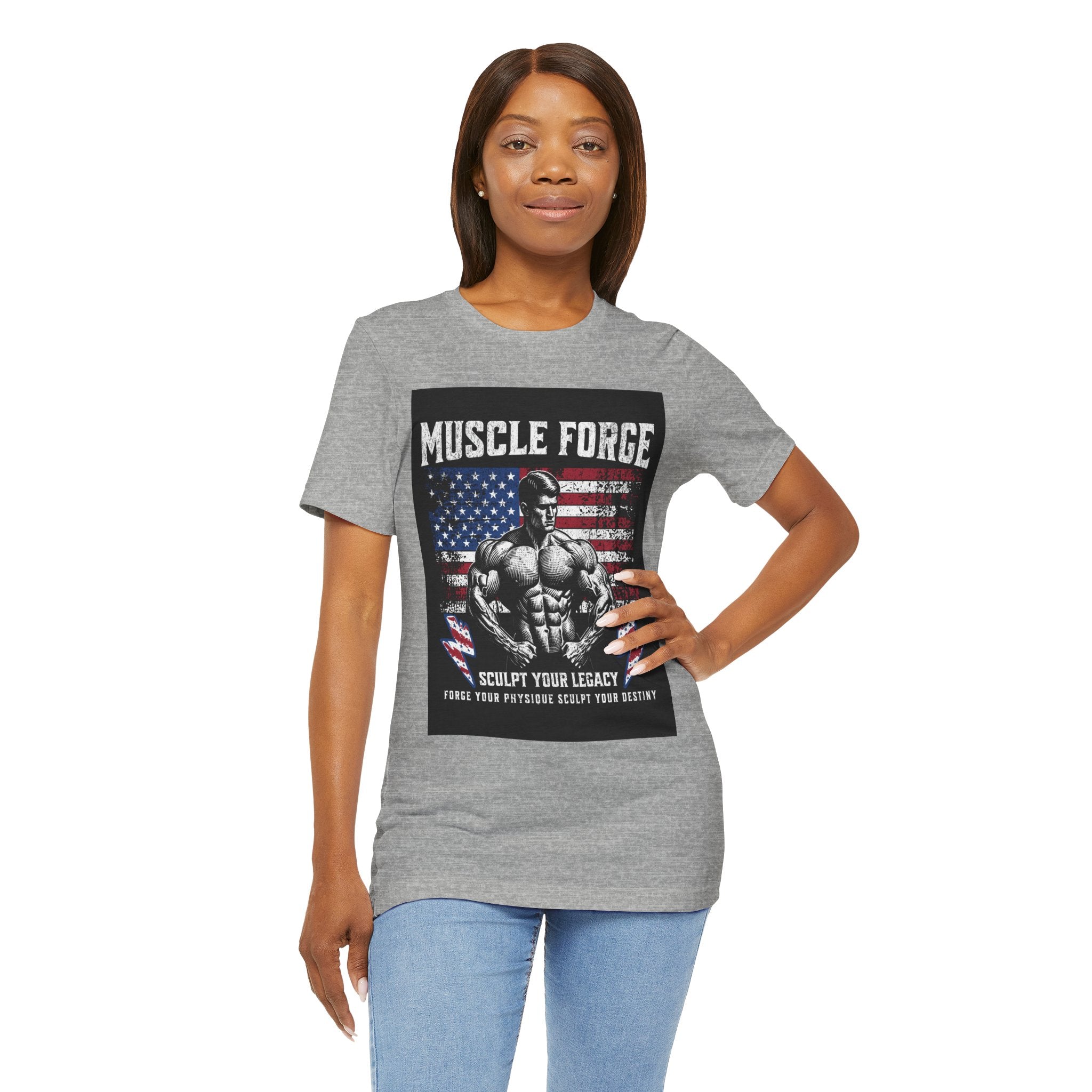 Muscle Forge American Flag Gym Tee — "Sculpt Your Legacy" Fitness T-Shirt