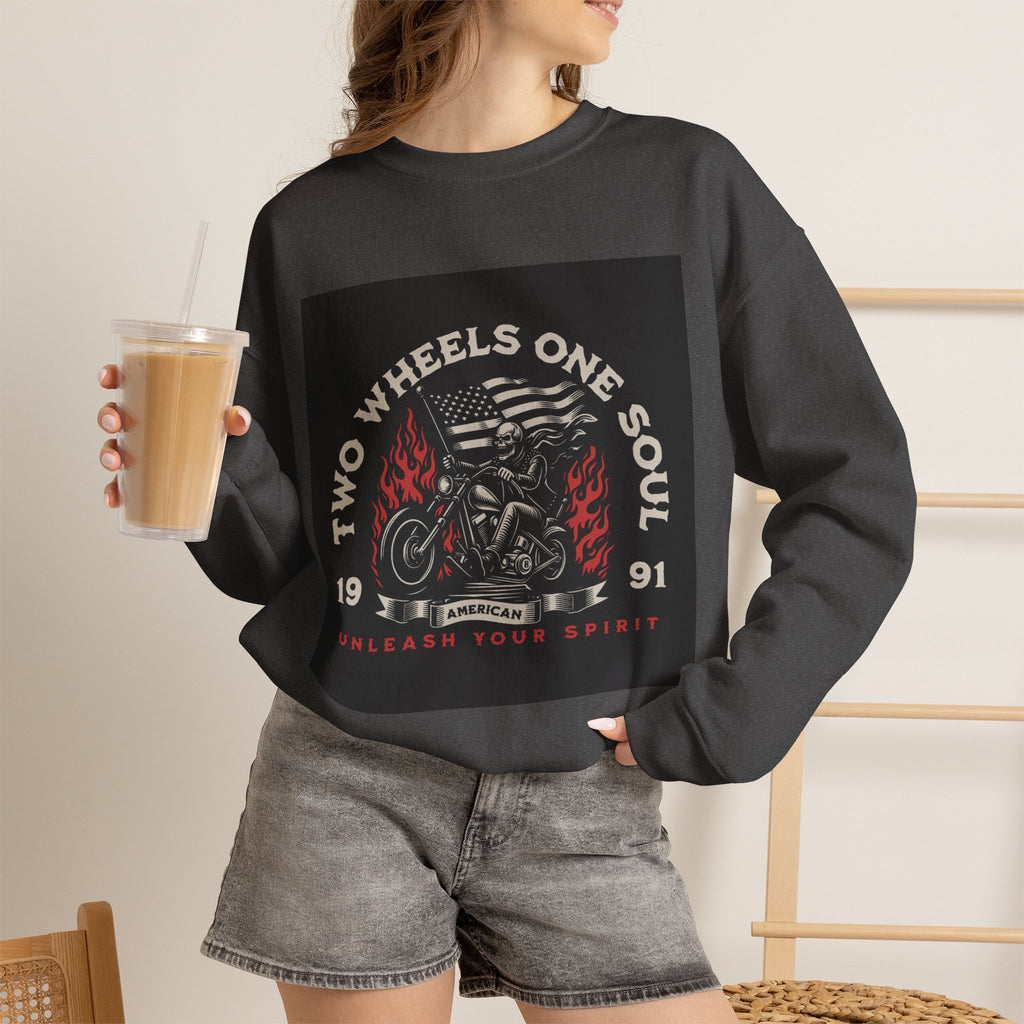 Motorcycle Crewneck Sweatshirt - "Two Wheels One Soul" Vintage Bike Graphic
