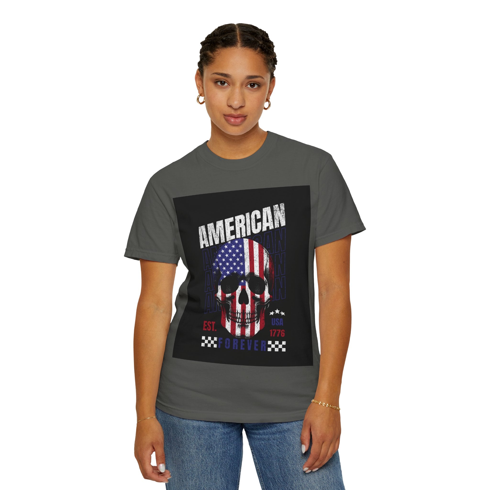 American Skull Flag T-Shirt — "American Forever" Patriotic Graphic Tee