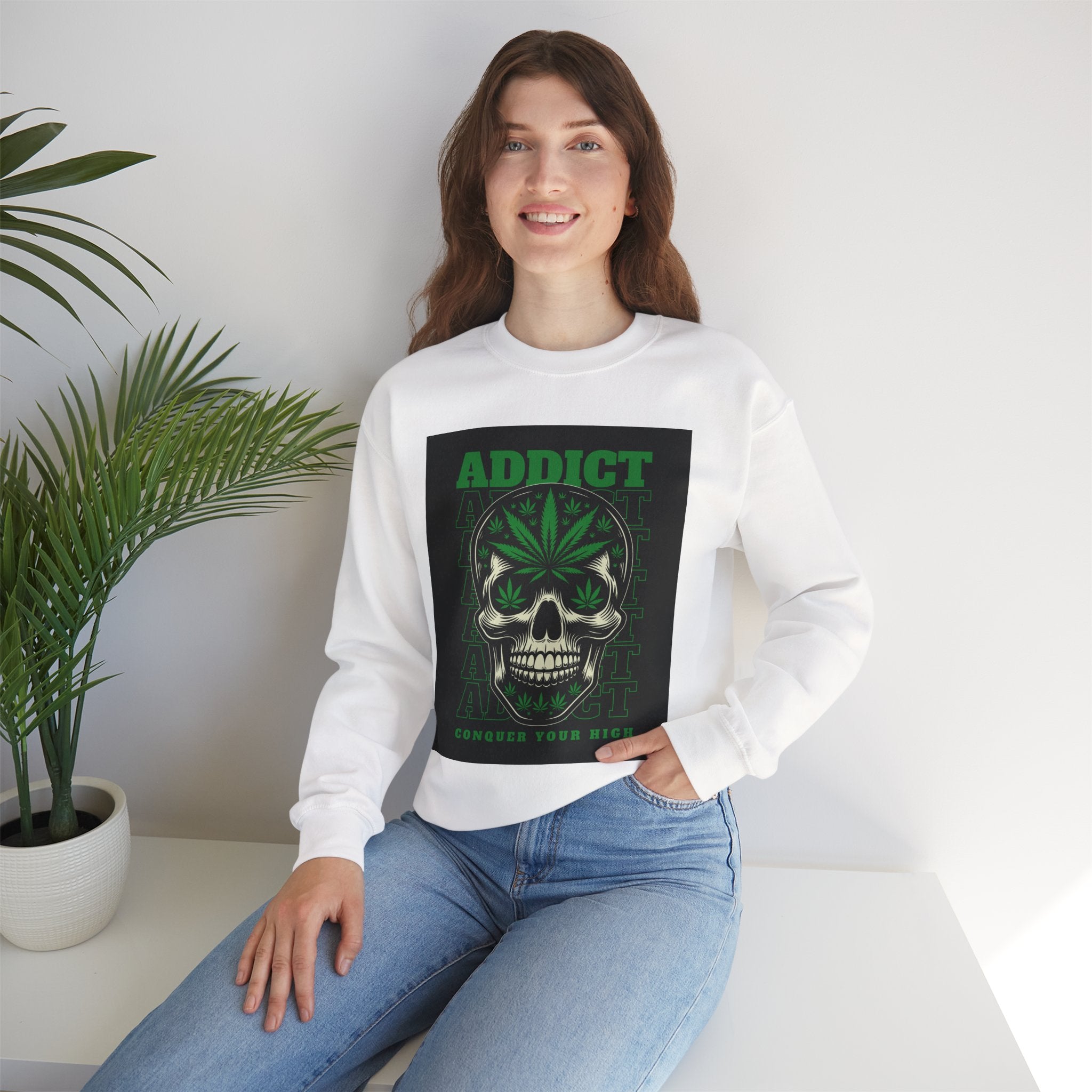 Skull & Cannabis 'Addict' Crewneck Sweatshirt — Conquer Your High Graphic Sweatshirt