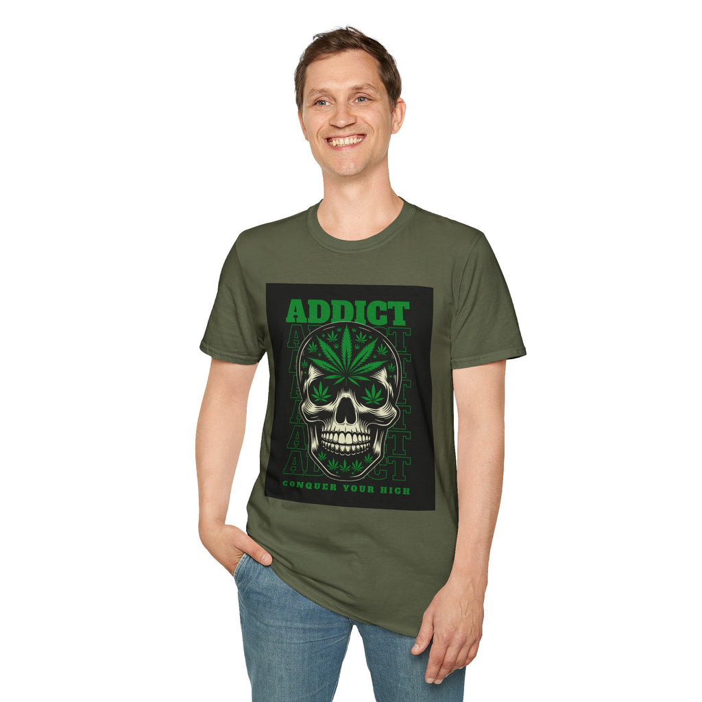 T‑Shirt — "Addict" Skull with Cannabis Leaf Graphic