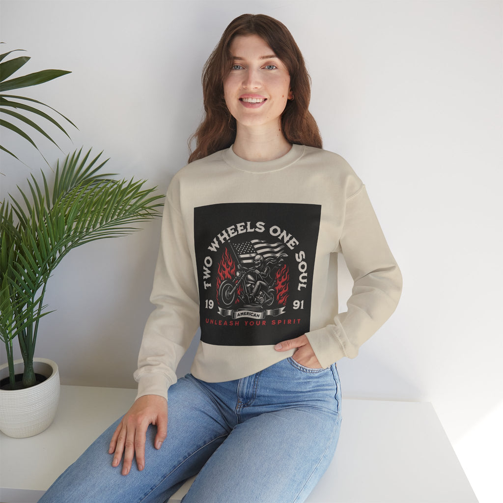 Motorcycle Crewneck Sweatshirt - "Two Wheels One Soul" Vintage Bike Graphic