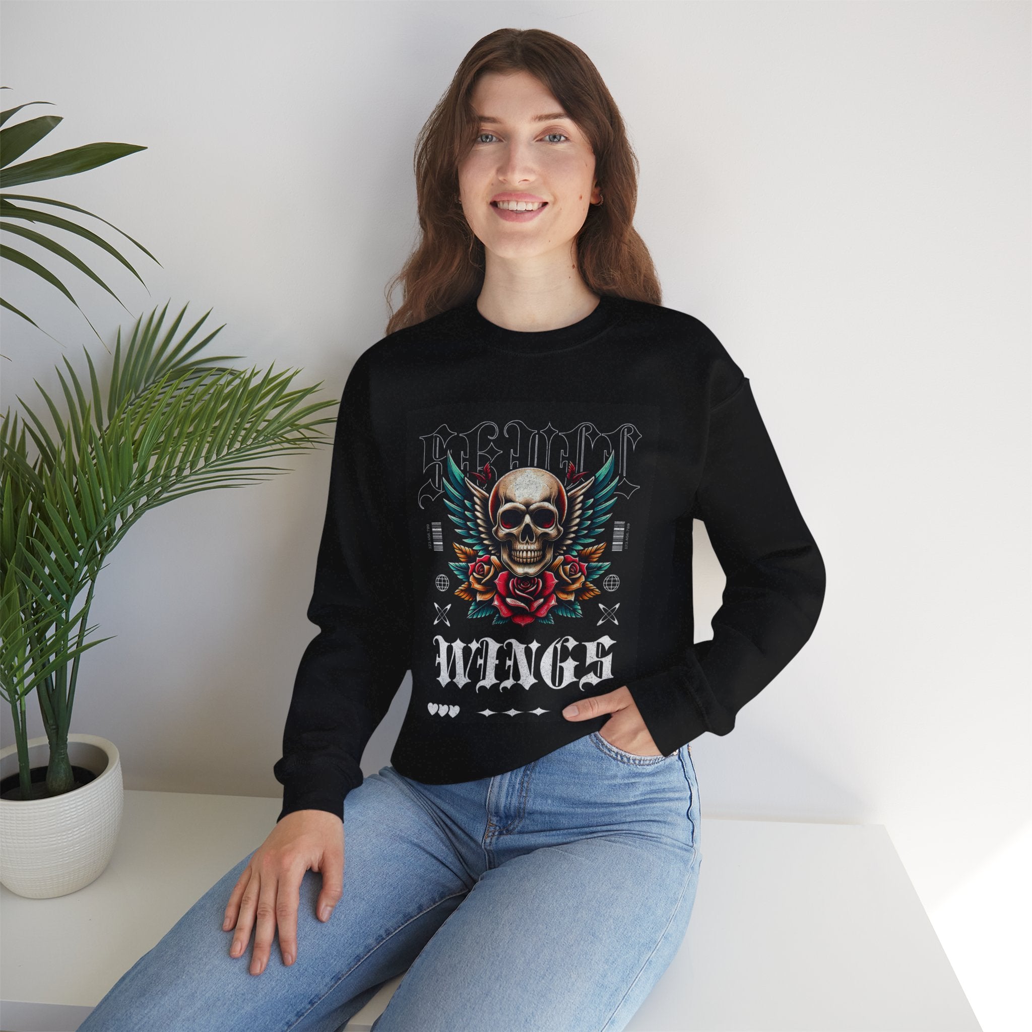 Skull Wings Crewneck Sweatshirt — Vintage Tattoo Skull with Rose Graphic
