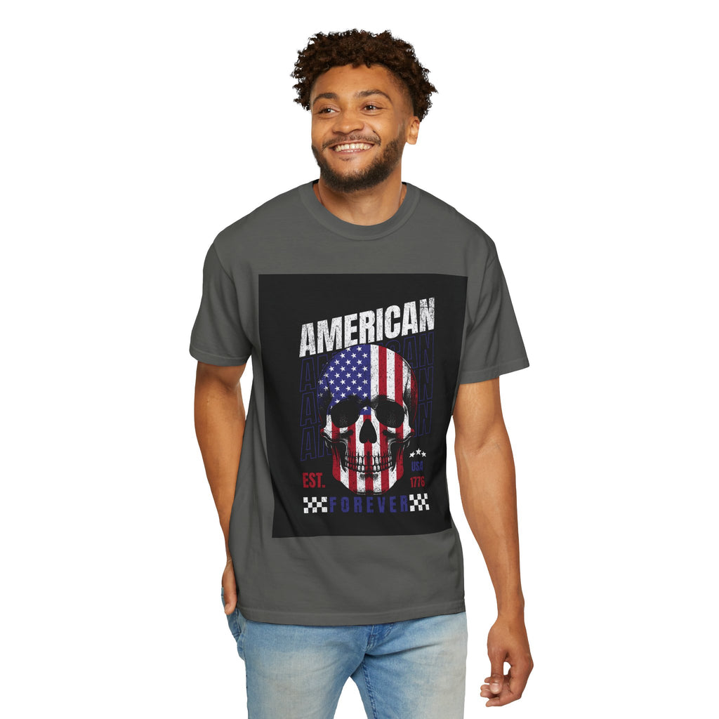 American Skull Flag T-Shirt — "American Forever" Patriotic Graphic Tee